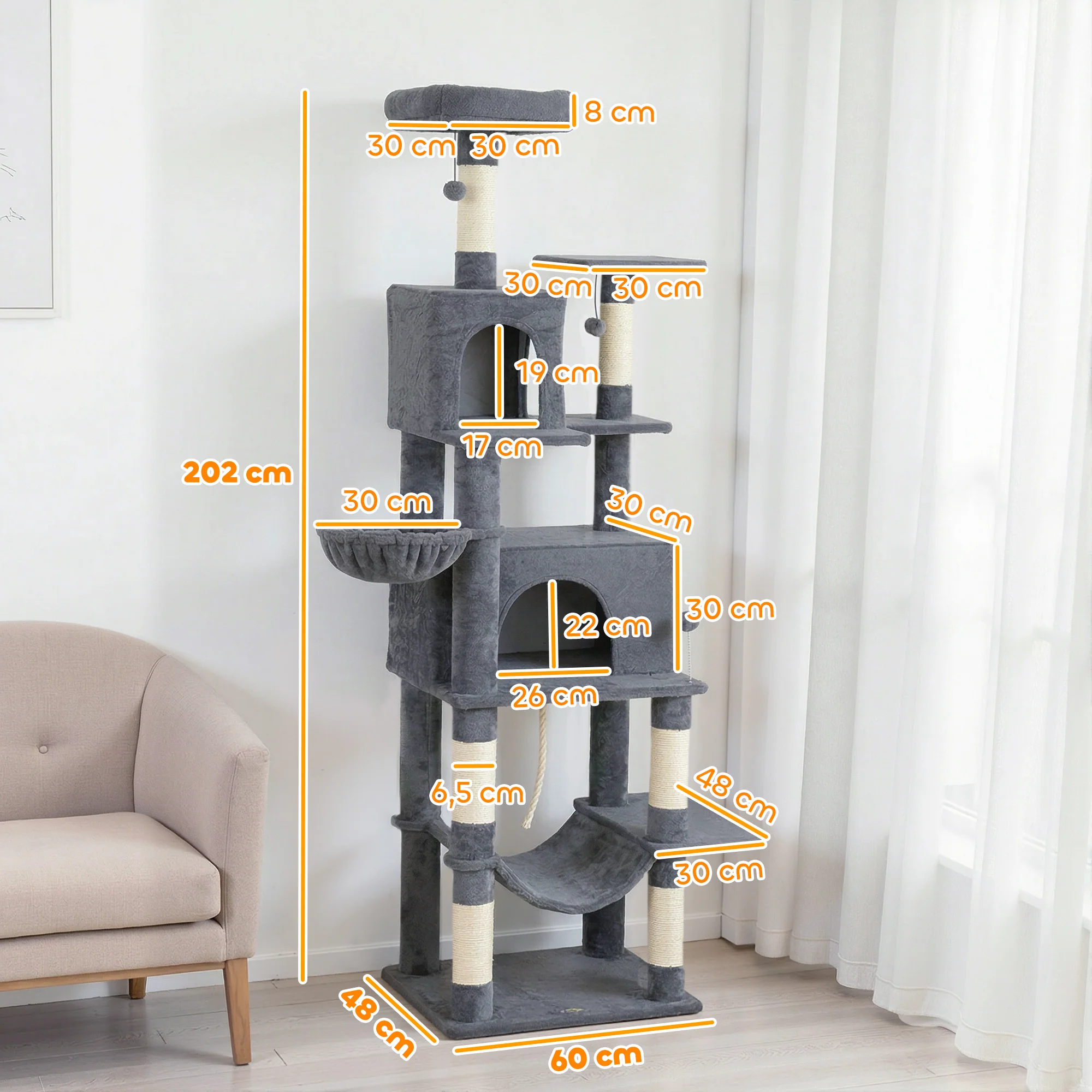 Pawhut Árbol Rascador Para Gatos 202 Cm Con Plataformas 2 Camas 2 Cuevas Gris - Image 3