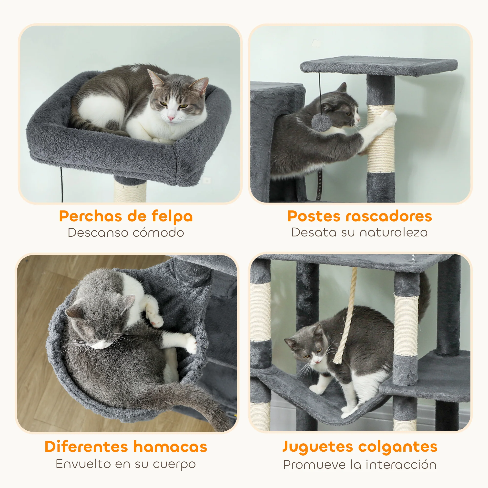 Pawhut Árbol Rascador Para Gatos 202 Cm Con Plataformas 2 Camas 2 Cuevas Gris - Image 6