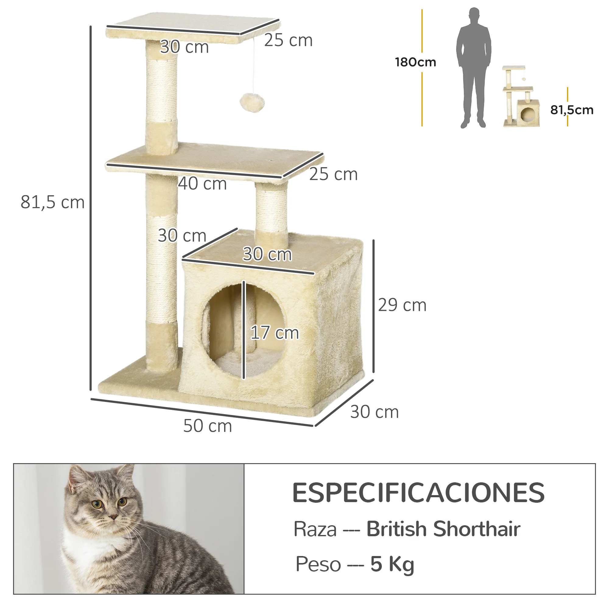 Pawhut Árbol Rascador Para Gatos 50x30x81,5 Cm Con Postes Plataformas Caja Bola - Image 3