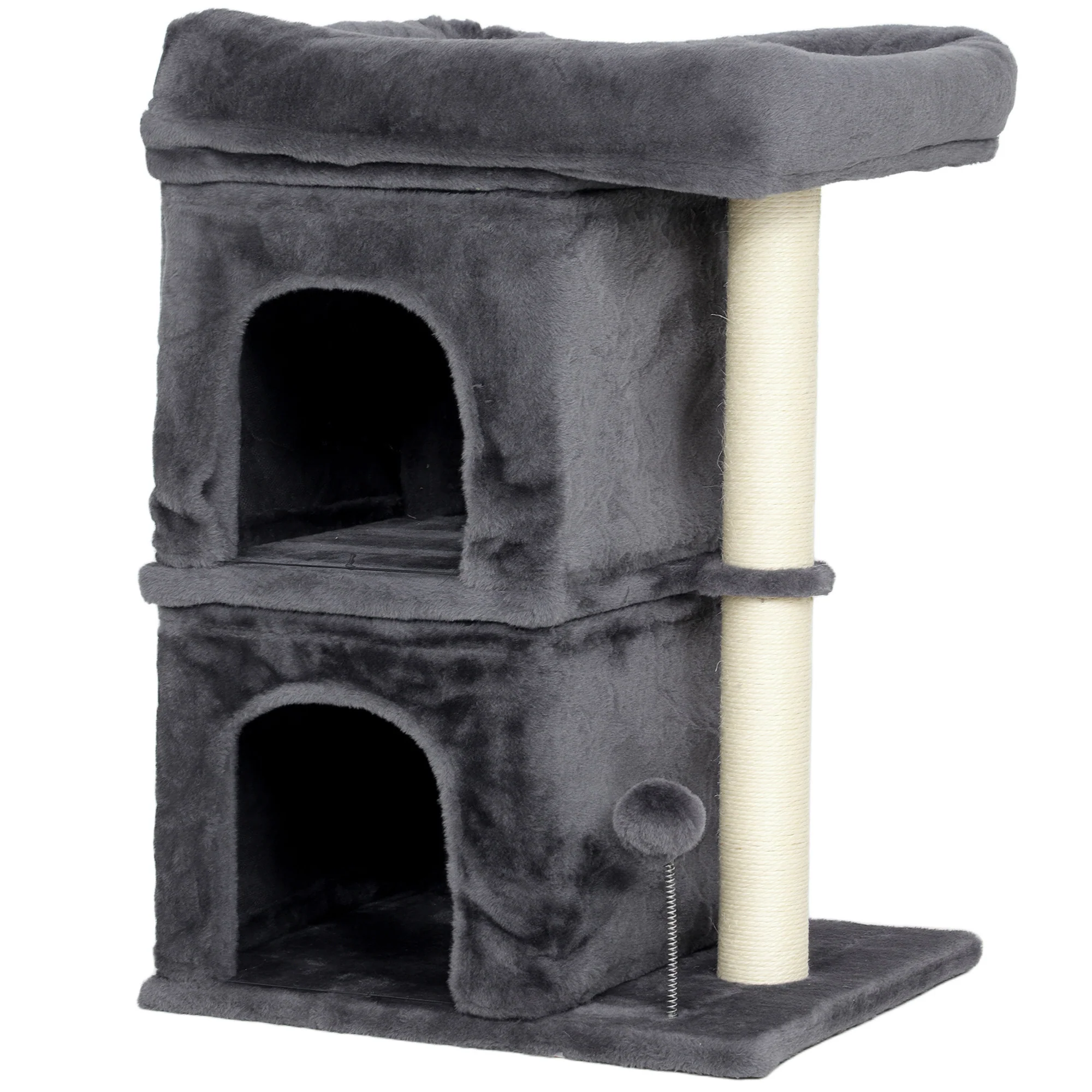 Pawhut Árbol Rascador Para Gatos 66 Cm Con Cama 2 Cuevas Poste Bola Gris Oscuro
