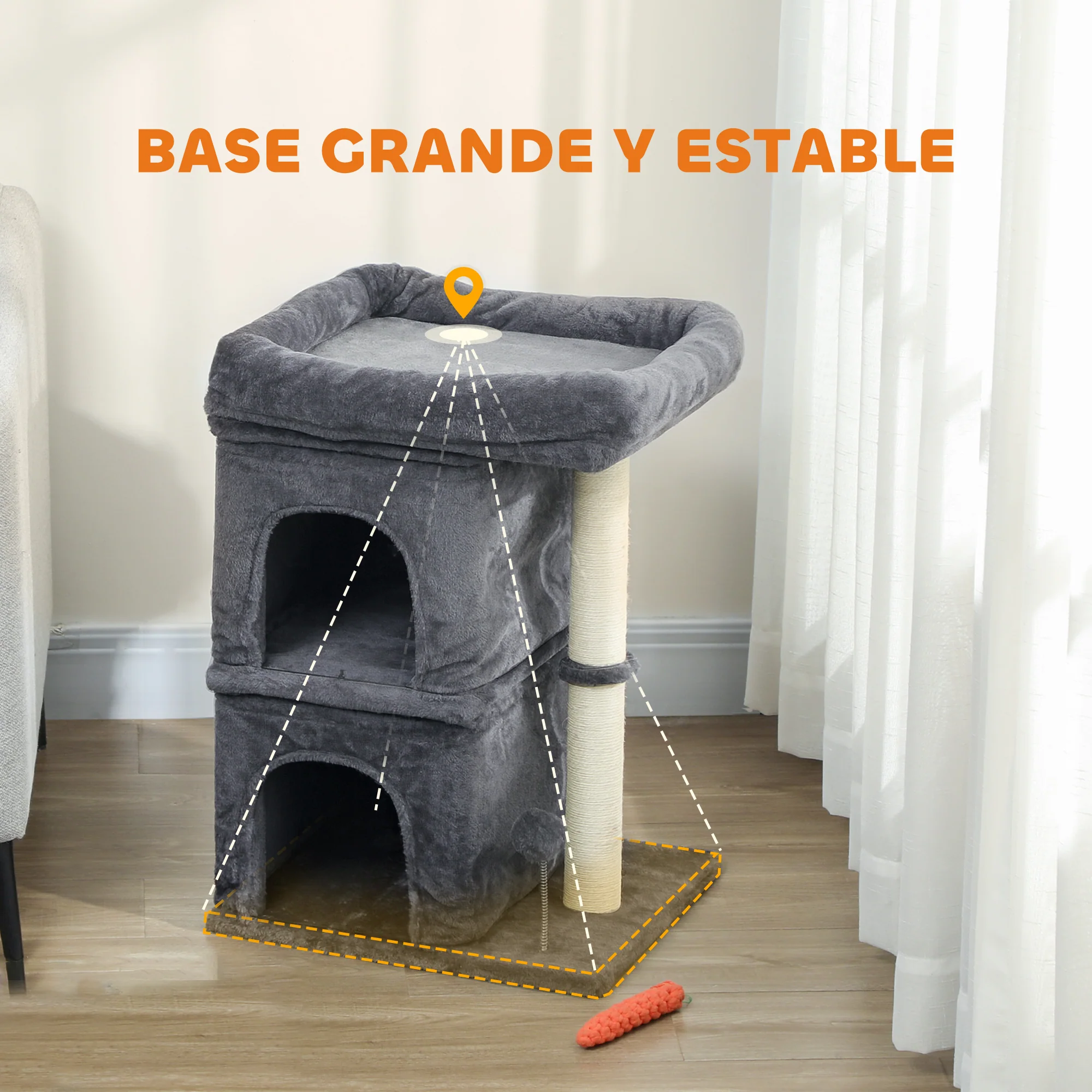 Pawhut Árbol Rascador Para Gatos 66 Cm Con Cama 2 Cuevas Poste Bola Gris Oscuro - Image 6