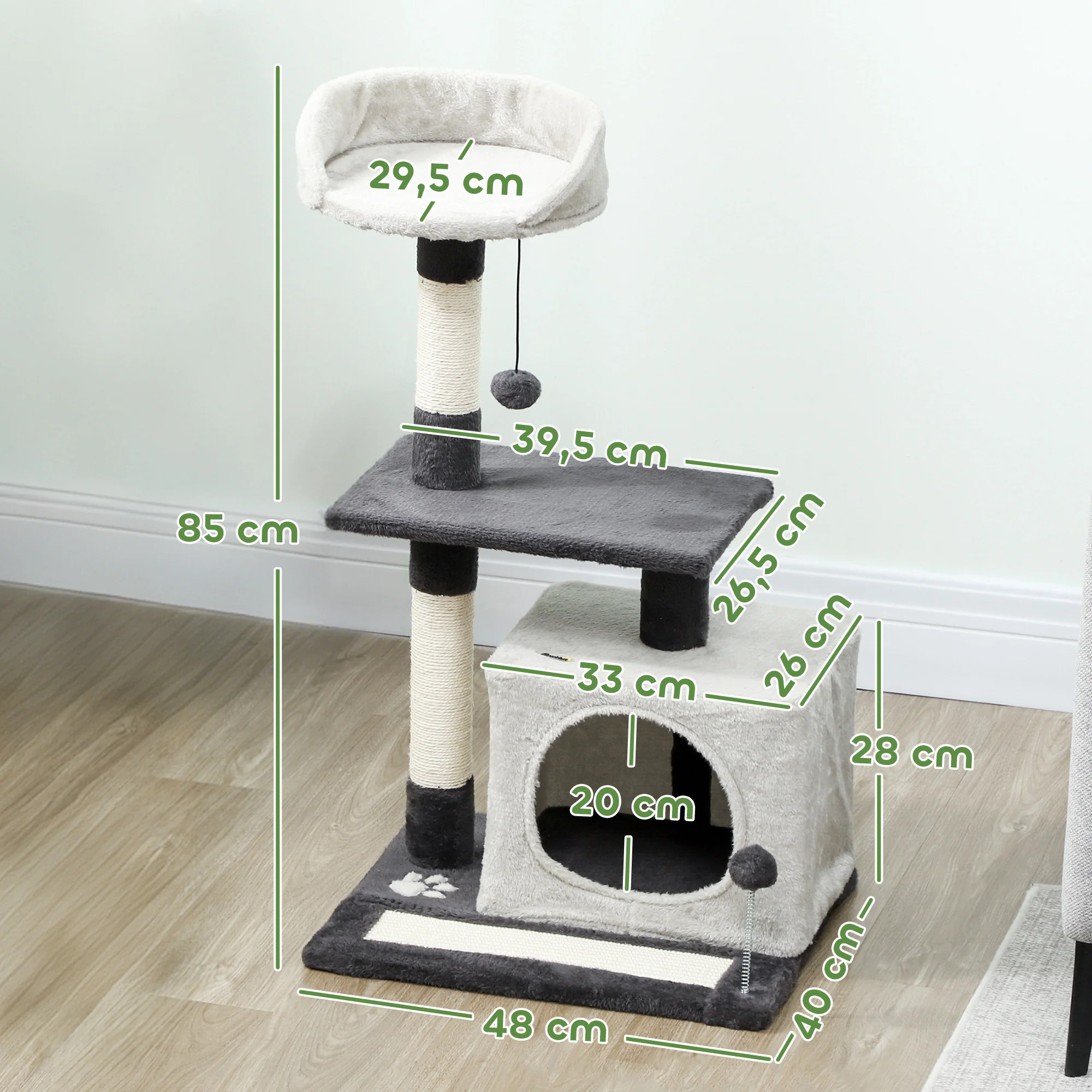 Pawhut Árbol Rascador Para Gatos 85 Cm Con Plataformas Cueva Gris Claro Y Negro - Image 3