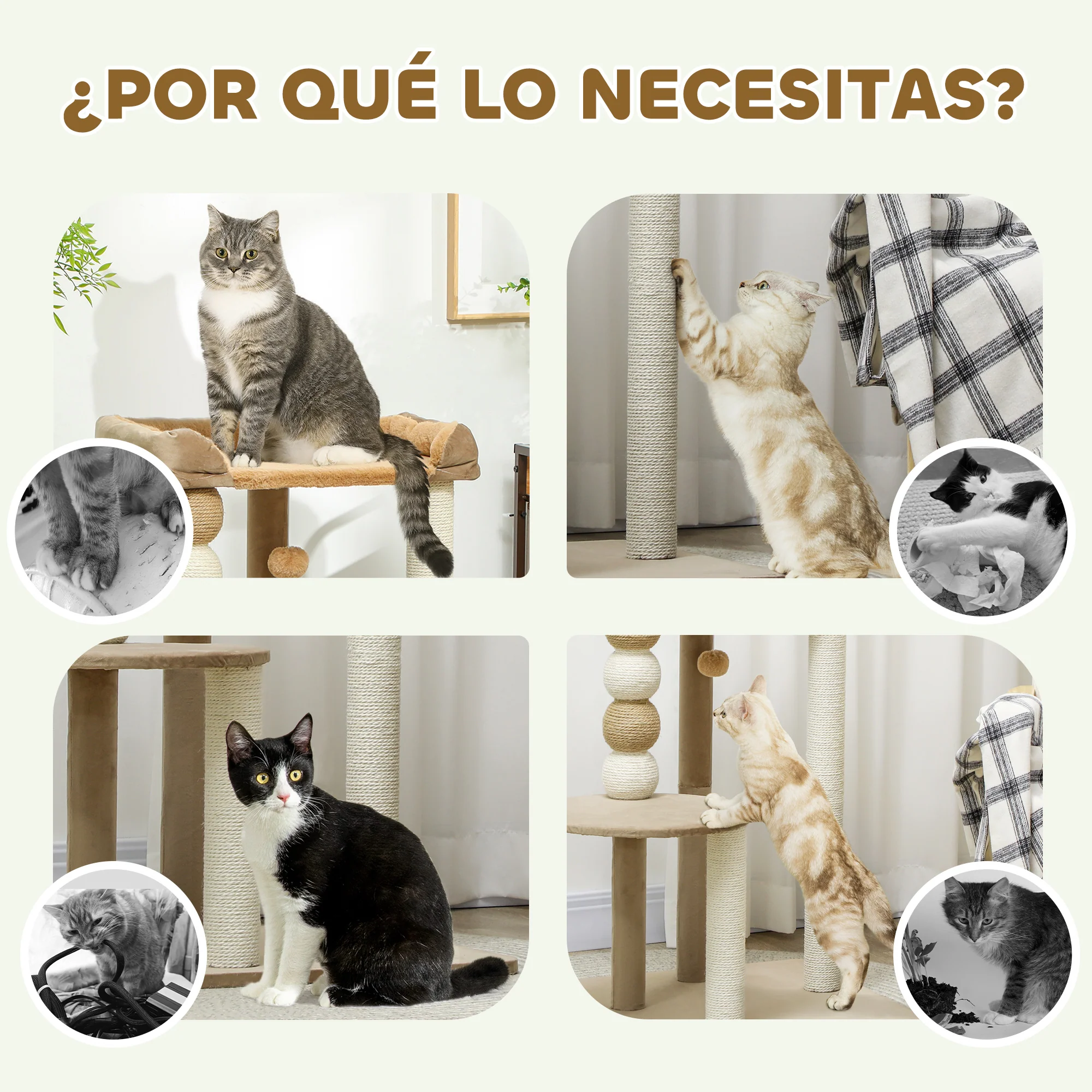 Pawhut Árbol Rascador Para Gatos 86 Cm Con Plataforma Cama Postes De Yute Gris - Image 6