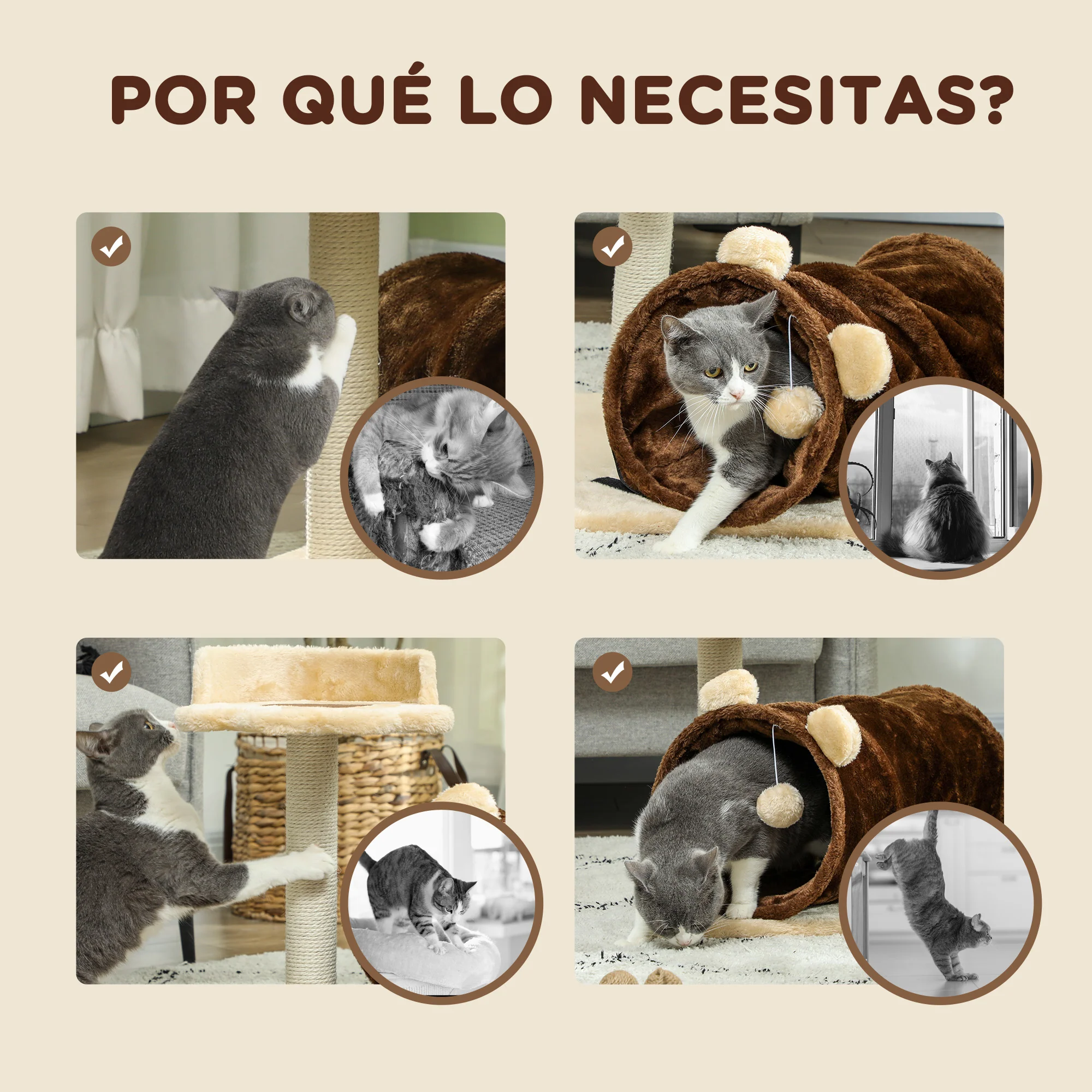 Pawhut Árbol Rascador Para Gatos Altura 47 Cm Con Túnel Marrón Oscuro - Image 6