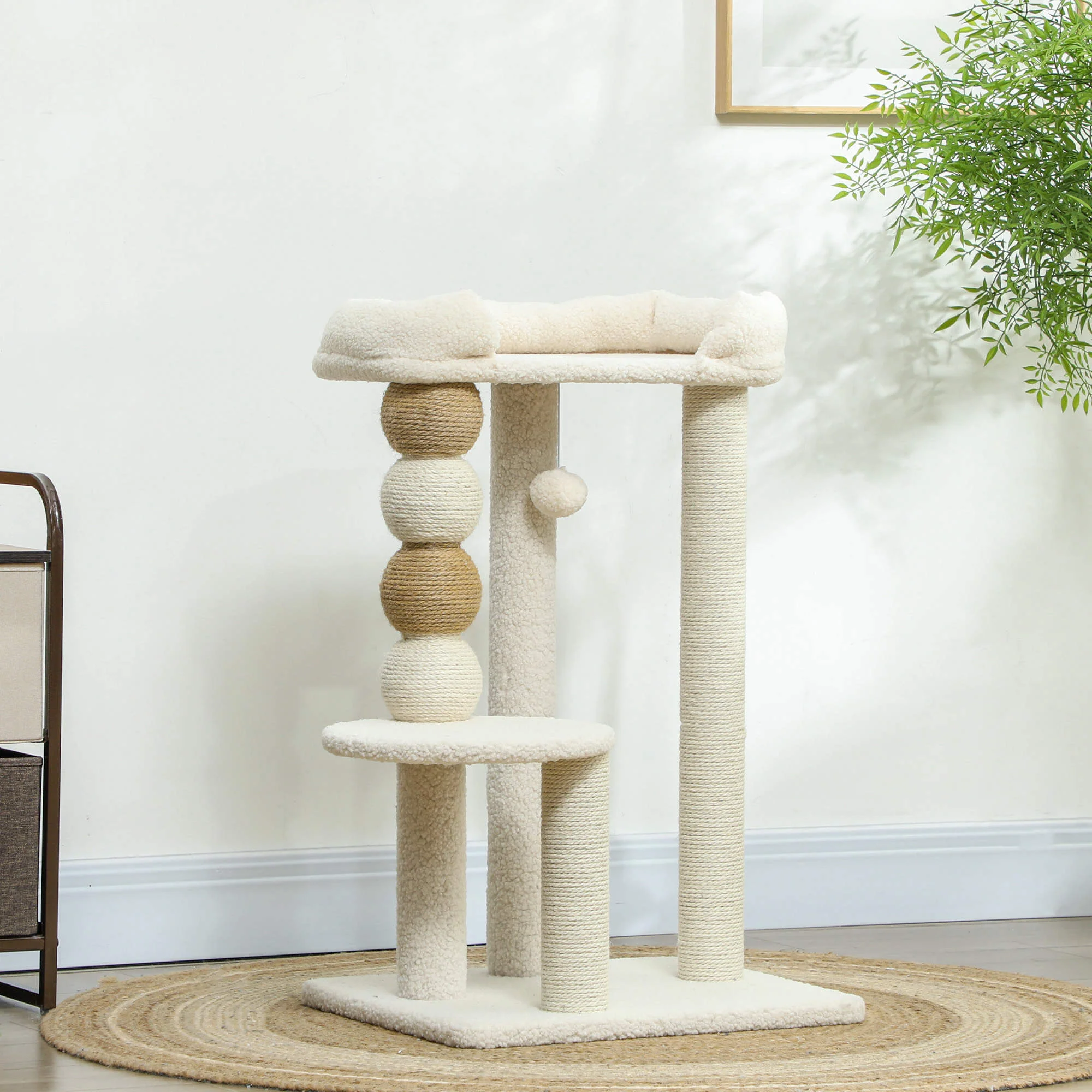 Pawhut Árbol Rascador Para Gatos Altura 76 Cm Revestimiento De Borreguillo Beige - Image 2
