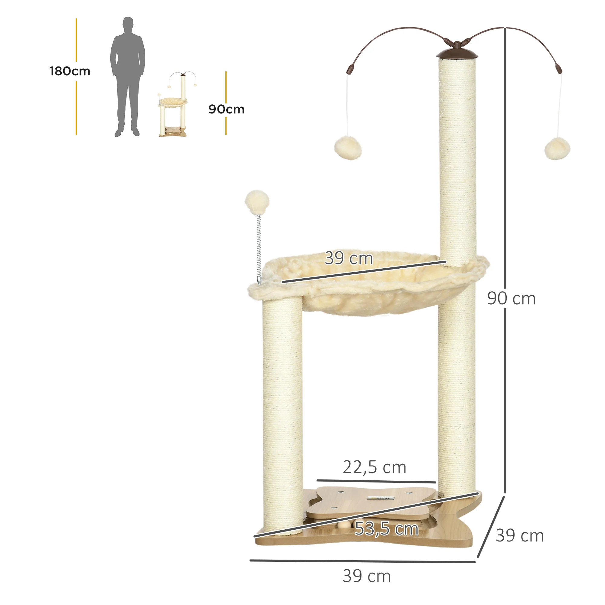 Pawhut Árbol Rascador Para Gatos Altura 90 Cm Con Hamaca Postes De Sisal Y Bolas - Image 3