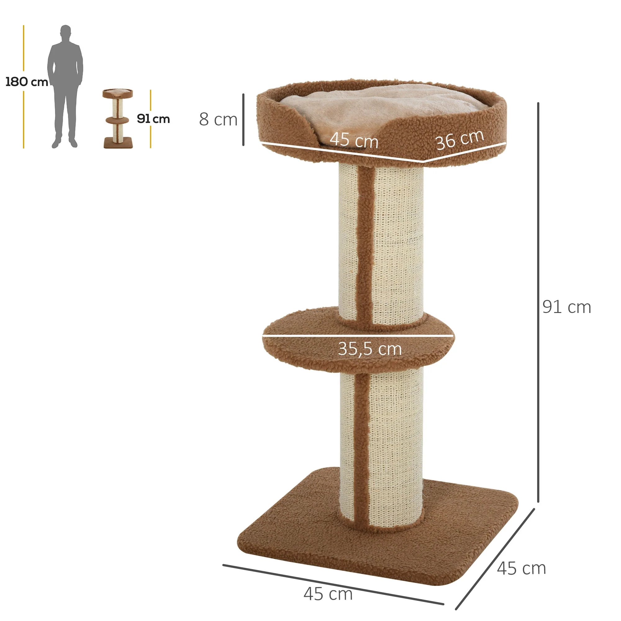 Pawhut Árbol Rascador Para Gatos Altura 91 Cm De 3 Niveles 45x45x91cm Marrón - Image 3