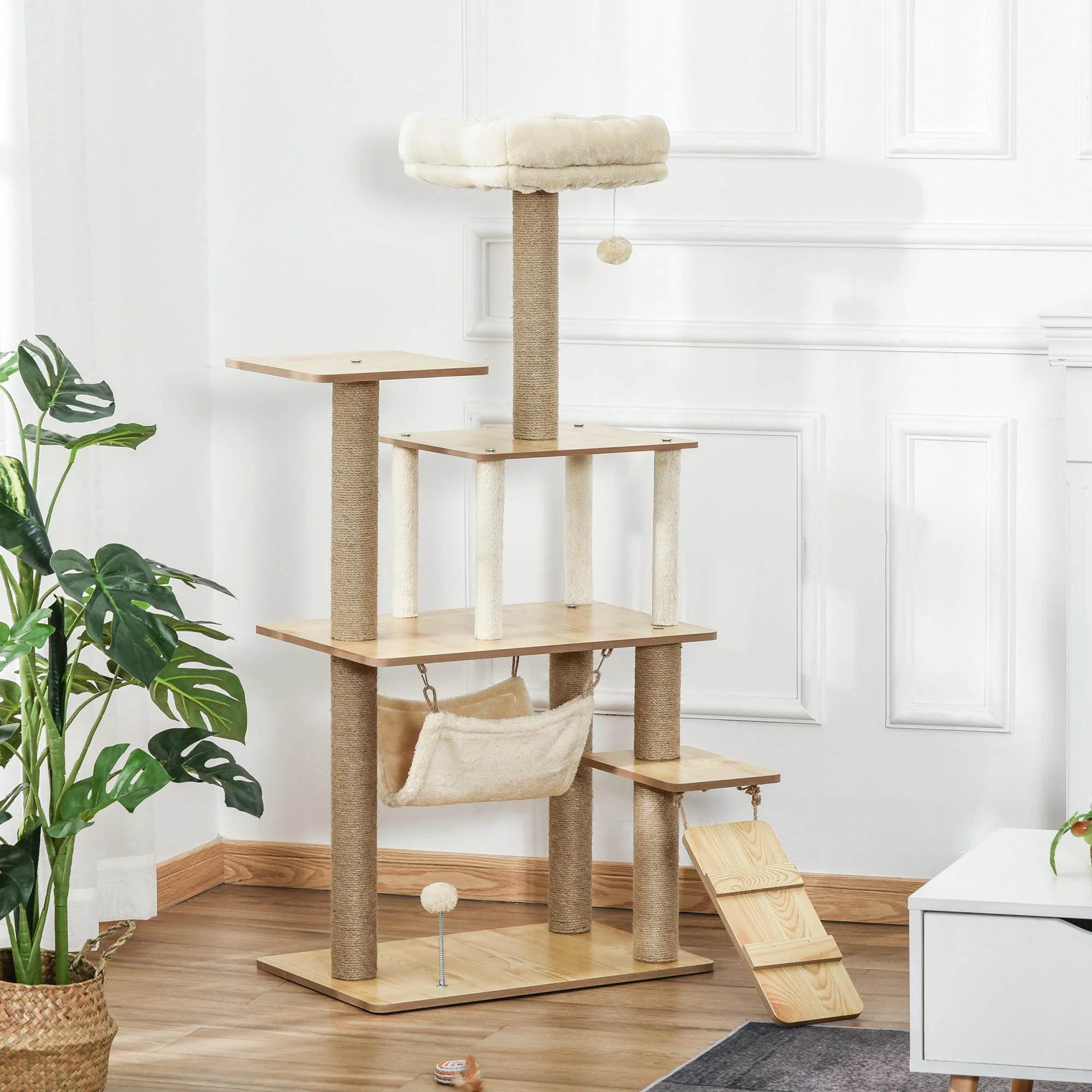Pawhut Árbol Rascador Para Gatos Con Plataformas Hamaca Escalera Cueva 60x40x130 - Image 2
