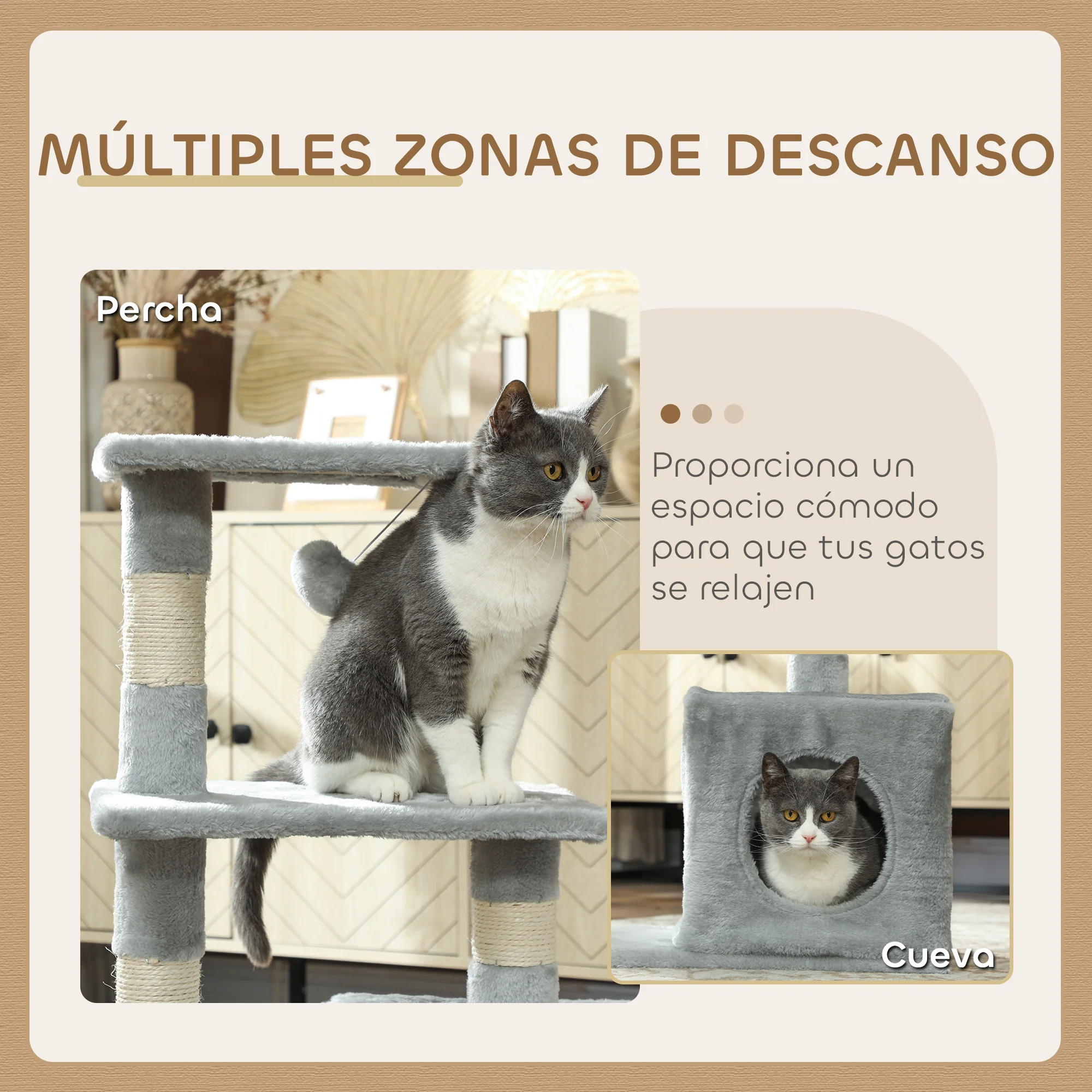 Pawhut Árbol Rascador Para Gatos Con Postes Plataformas Caja Bola Colgante Gris - Image 6