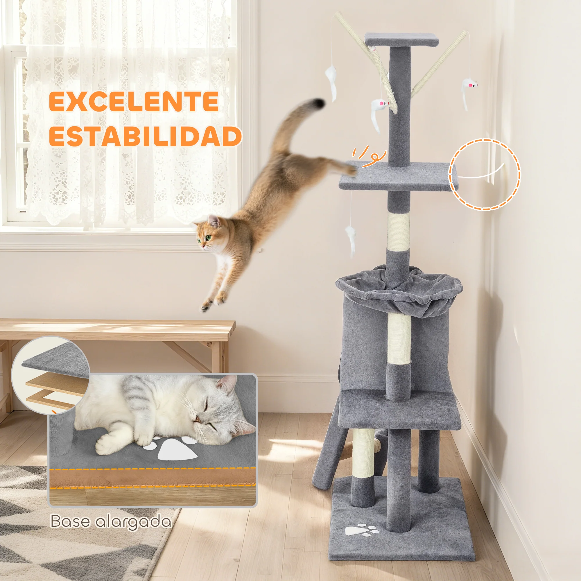 Pawhut Árbol Rascador Para Gatos Grande Altura 134 Cm Con 6 Postes De Sisal Gris - Image 6