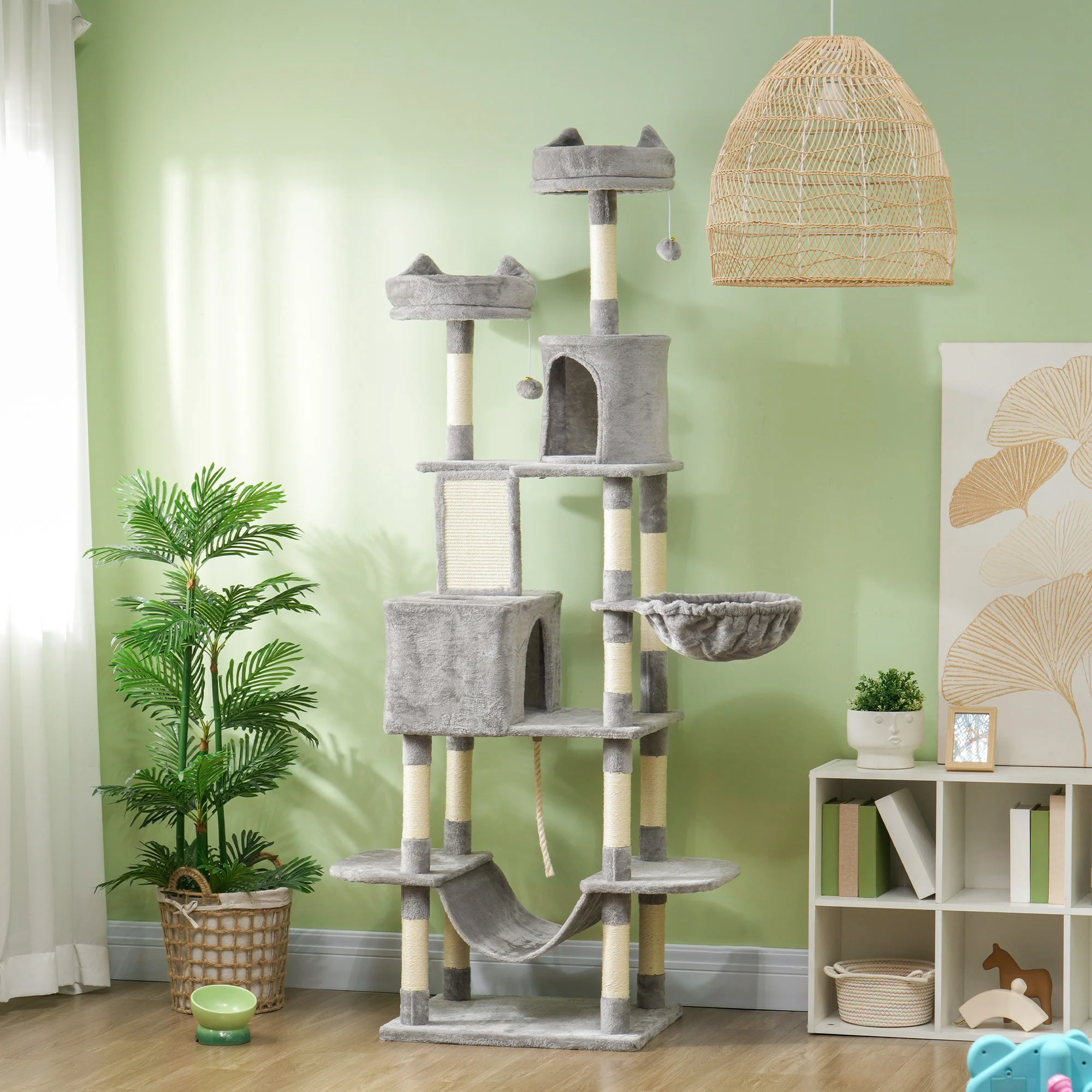 Pawhut Árbol Rascador Para Gatos Grande Altura 206 Cm Con Hamacas Gris Claro - Image 2