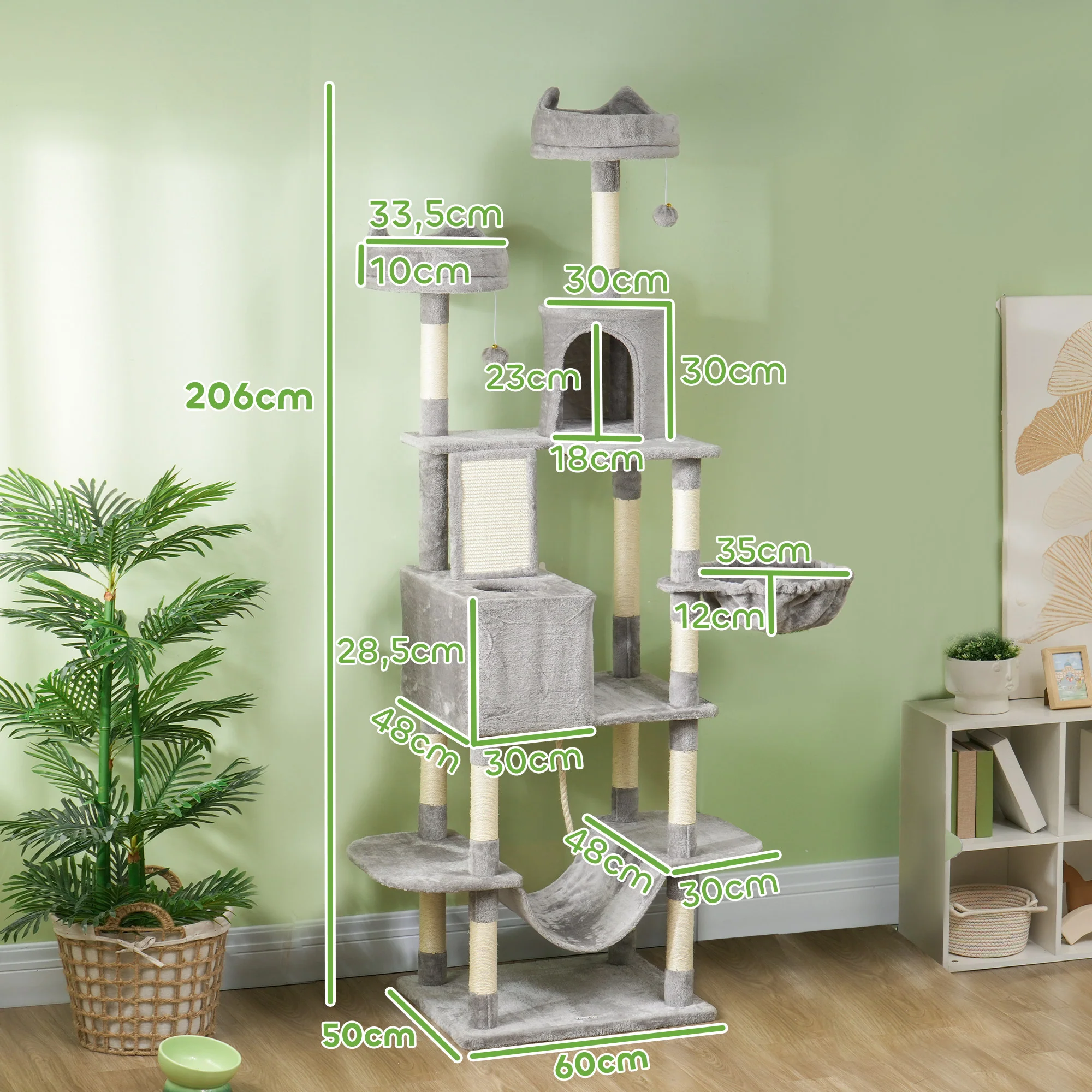 Pawhut Árbol Rascador Para Gatos Grande Altura 206 Cm Con Hamacas Gris Claro - Image 3