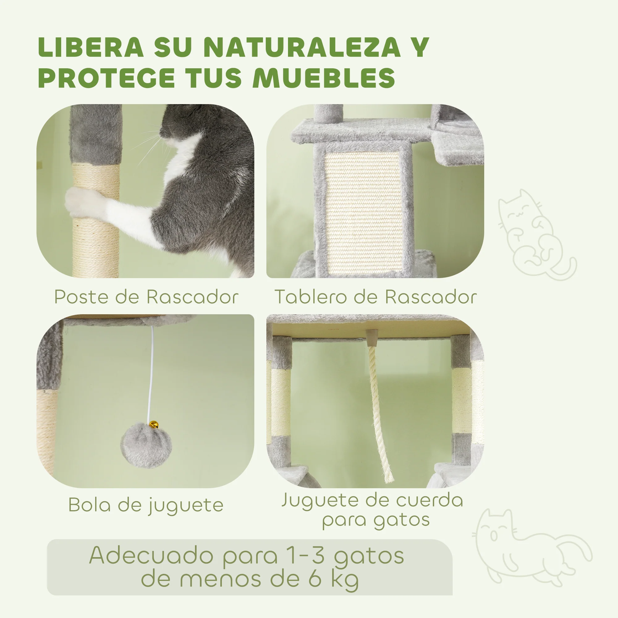 Pawhut Árbol Rascador Para Gatos Grande Altura 206 Cm Con Hamacas Gris Claro - Image 6