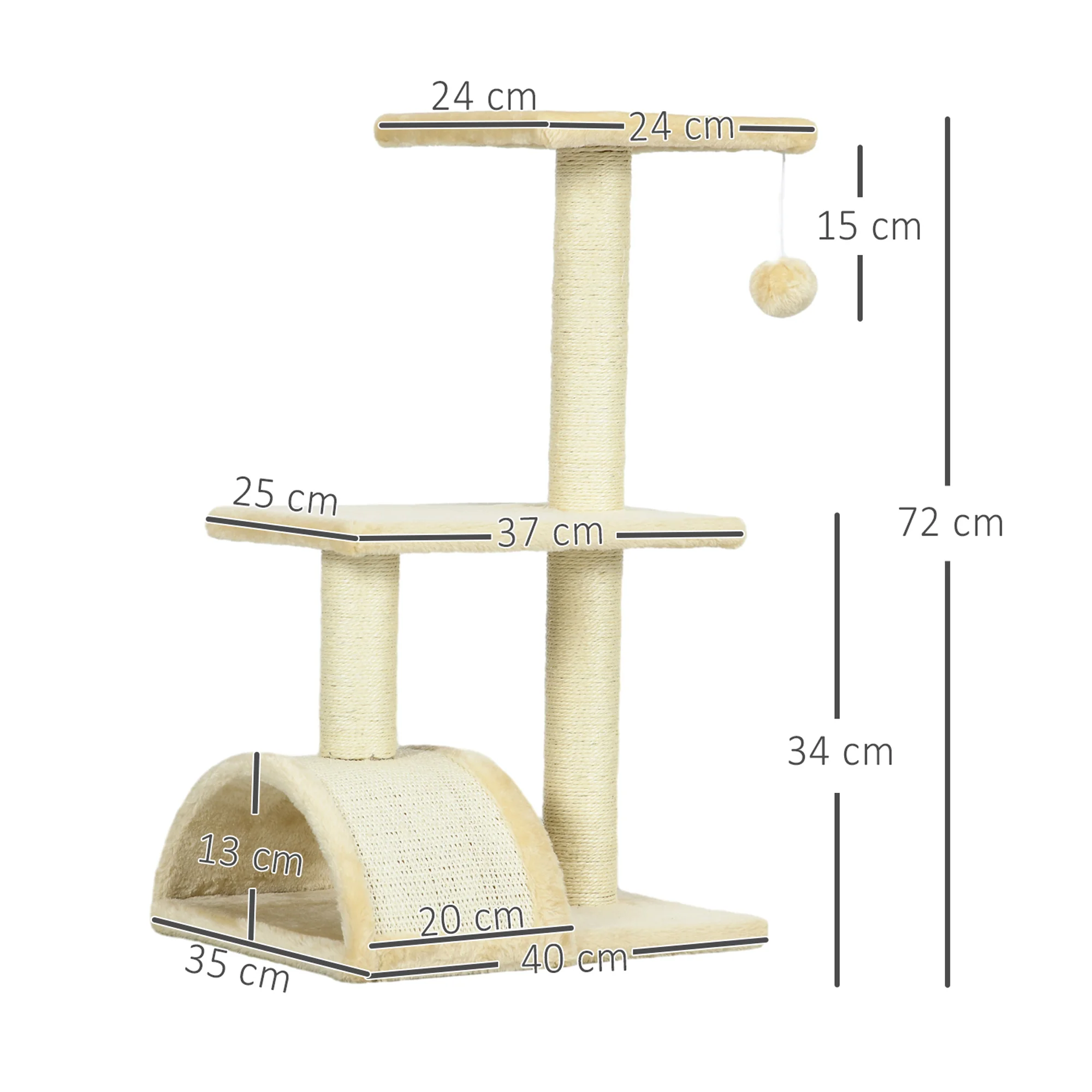 Pawhut Árbol Rascador Para Gatos Mediano De 3 Niveles Con Postes De Sisal Crema - Image 3