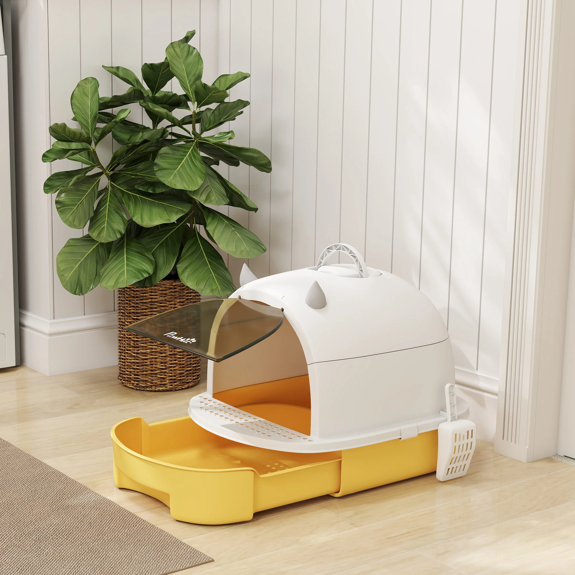Pawhut Arenero Para Gatos Cubierto Con Bandeja Pala Y Asa Amarillo Y Blanco - Image 2