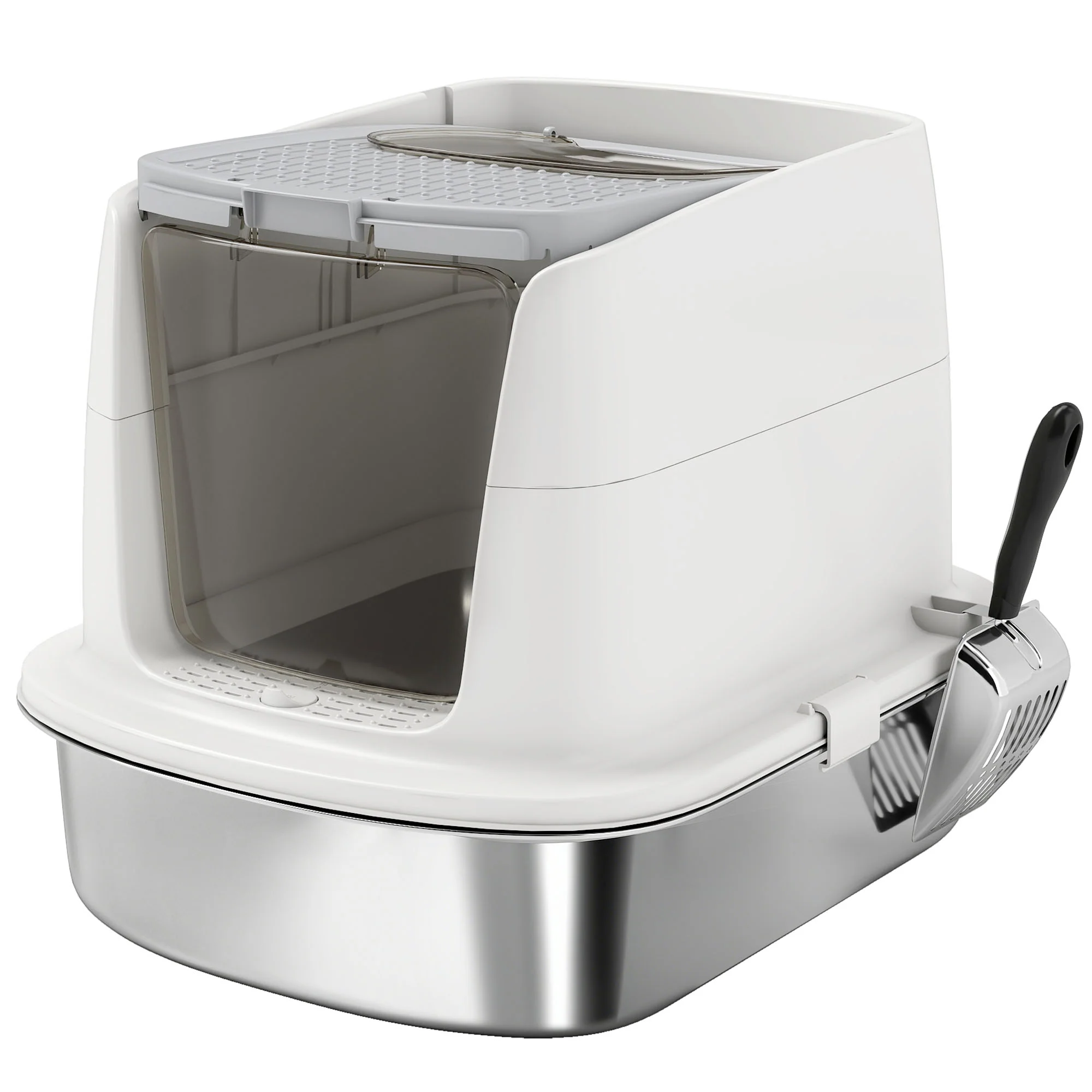 Pawhut Arenero Para Gatos De Acero Inoxidable L Con Tapa Abatible Blanco