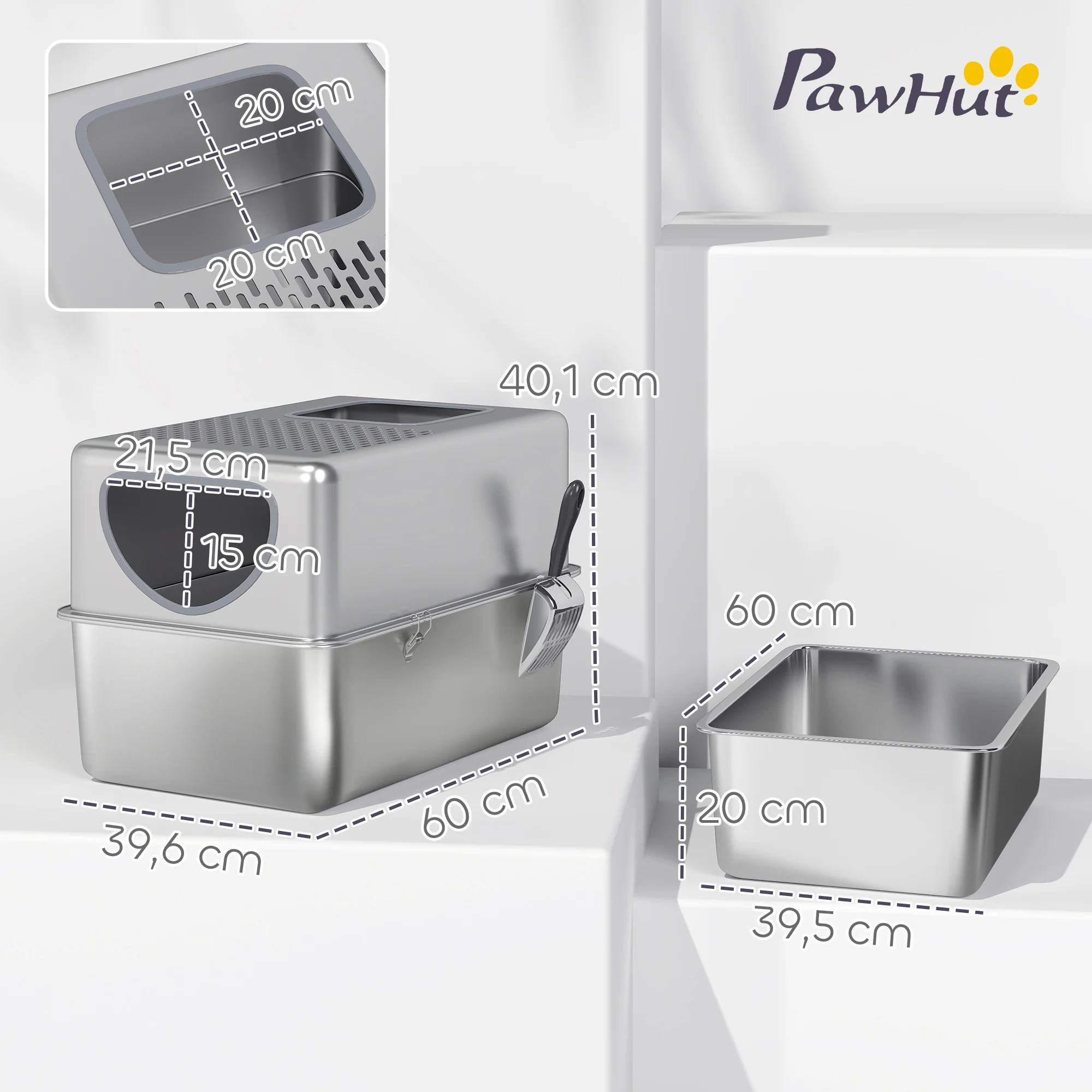 Pawhut Arenero Para Gatos De Acero Inoxidable Xl Con Pala Fácil De Limpiar Plata - Image 3