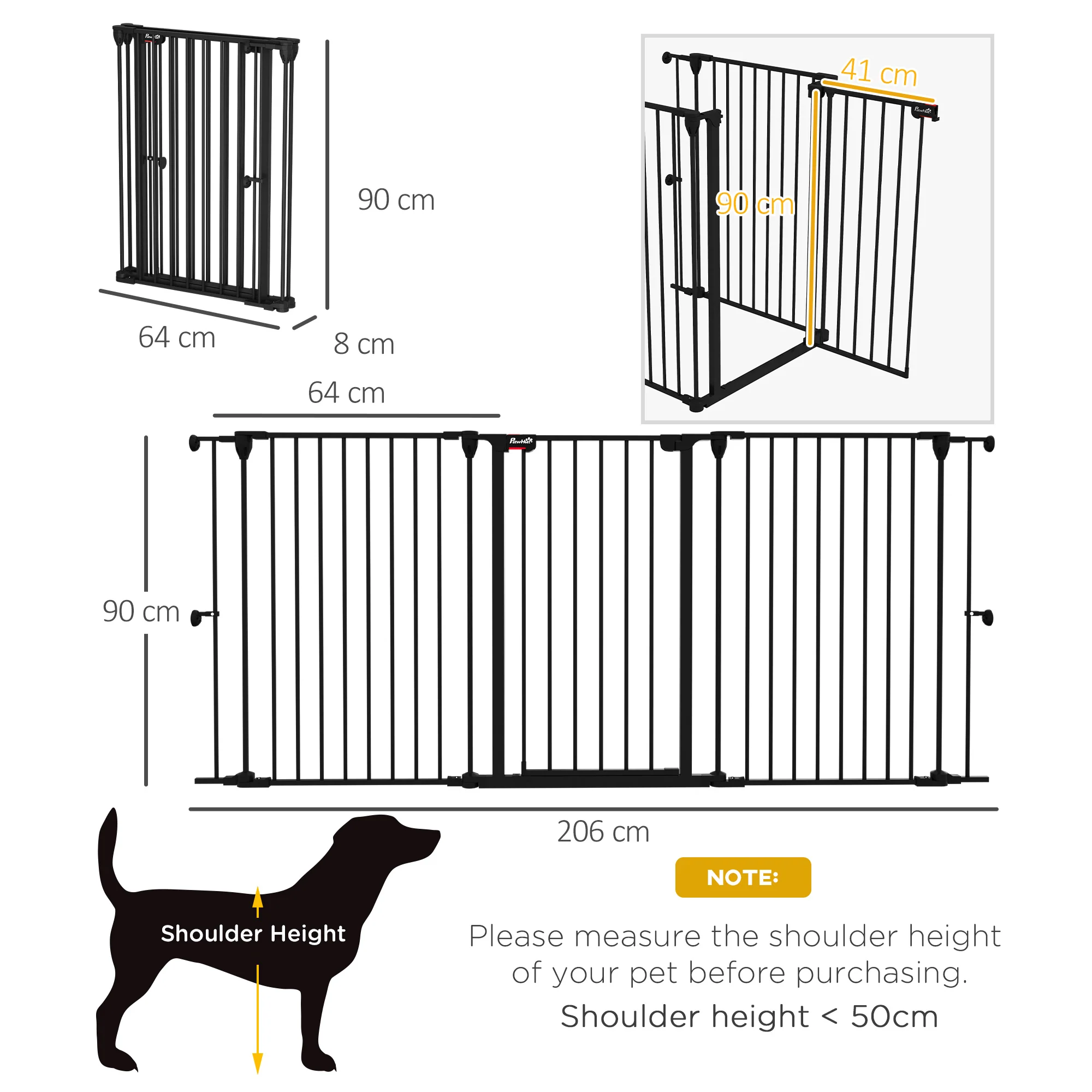 Pawhut Barrera Para Perros Plegable De Acero Con 3 Paneles 206x90cm Negro - Image 3