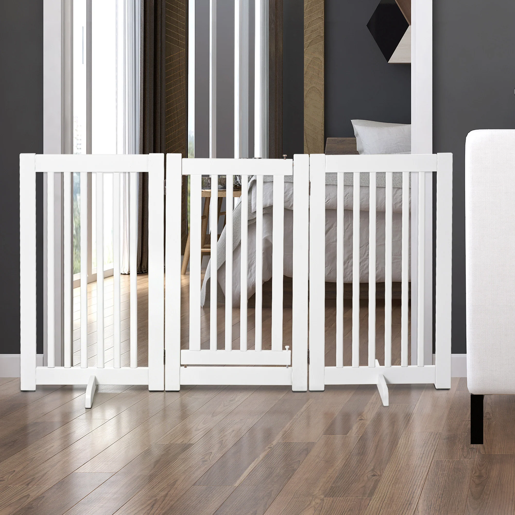Pawhut Barrera Para Perros Plegable De Madera Con 1 Puerta 155x35,5x76 Cm Blanco - Image 2