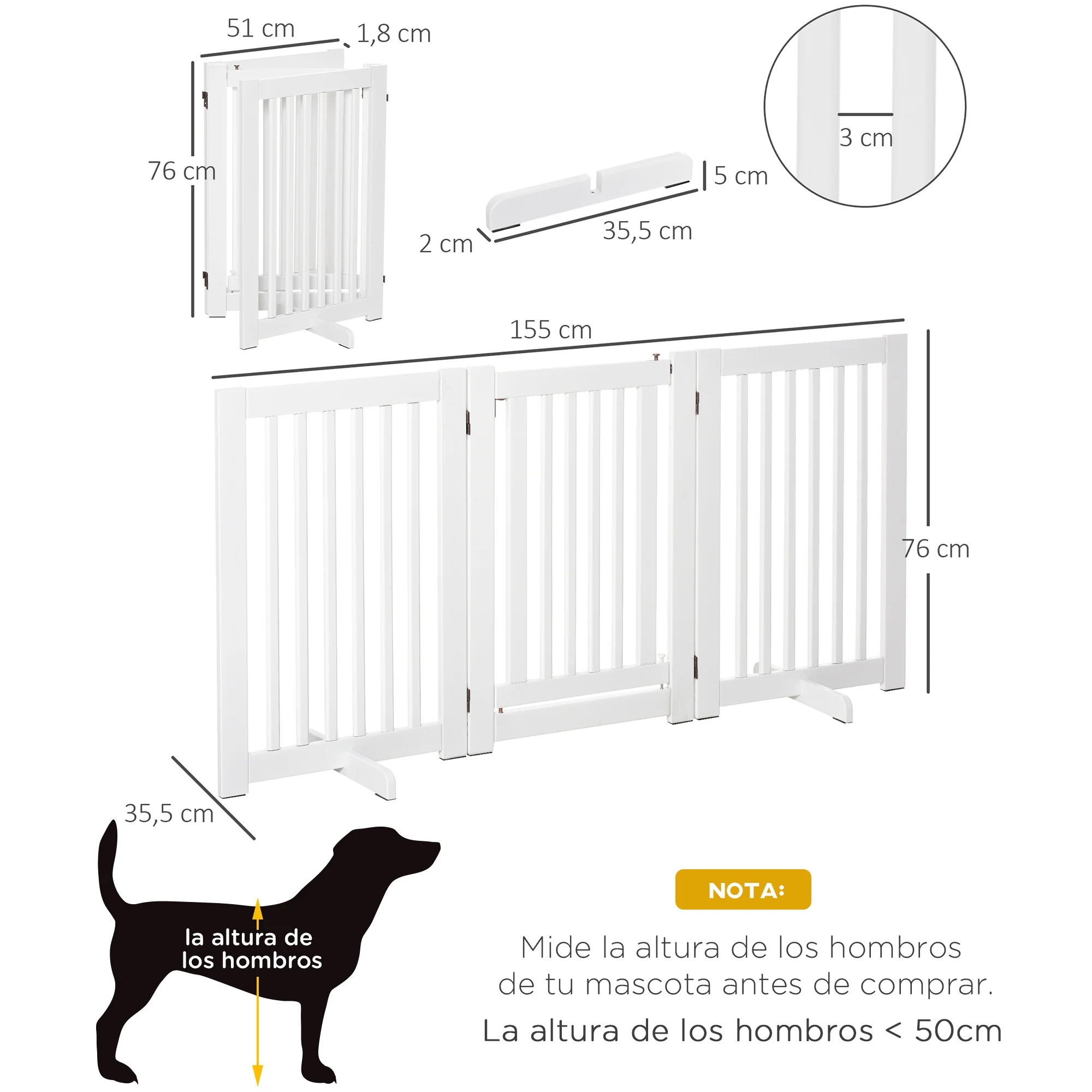 Pawhut Barrera Para Perros Plegable De Madera Con 1 Puerta 155x35,5x76 Cm Blanco - Image 3