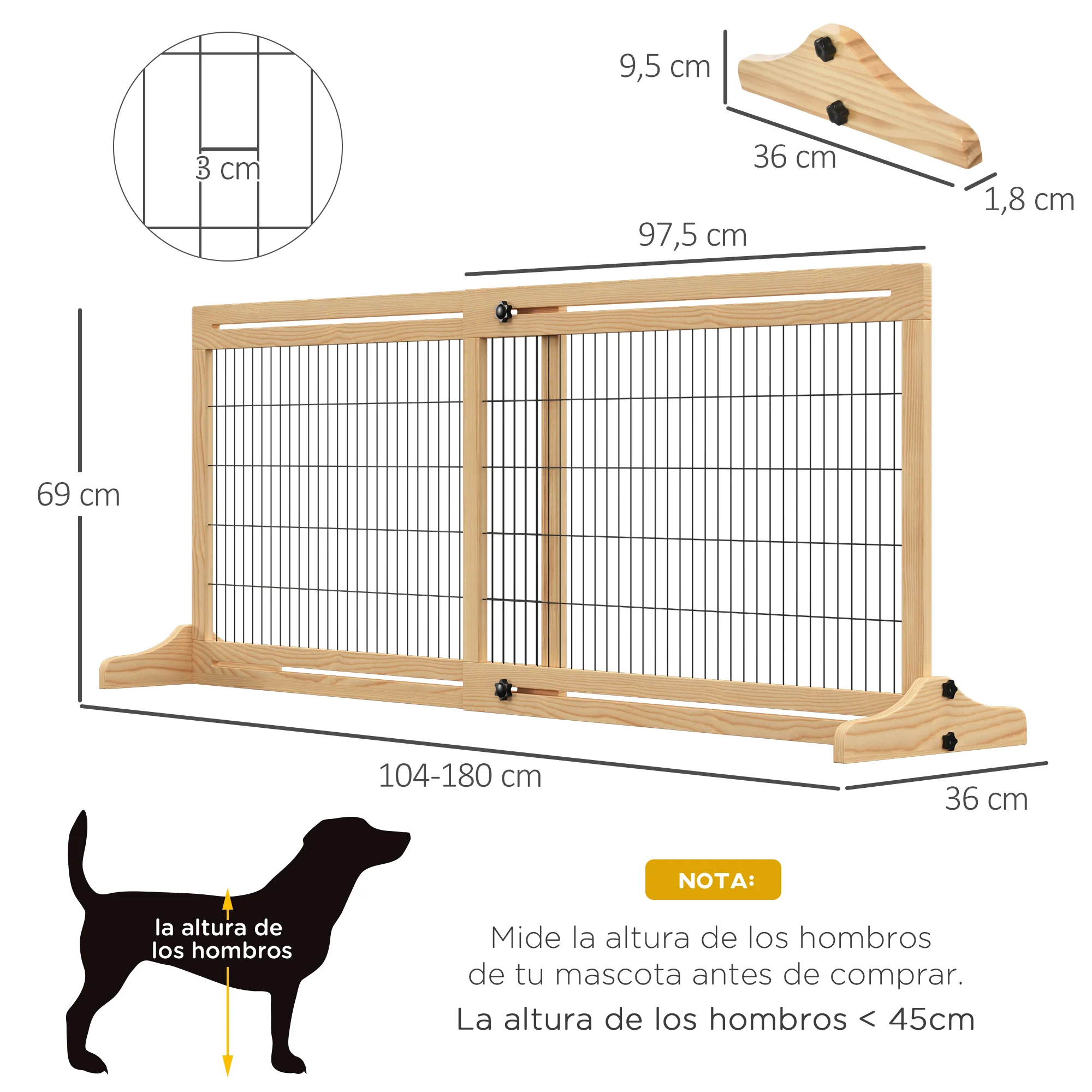 Pawhut Barrera Seguridad Perros De Madera Extensible 104-180 Cm Puerta Escalera - Image 3