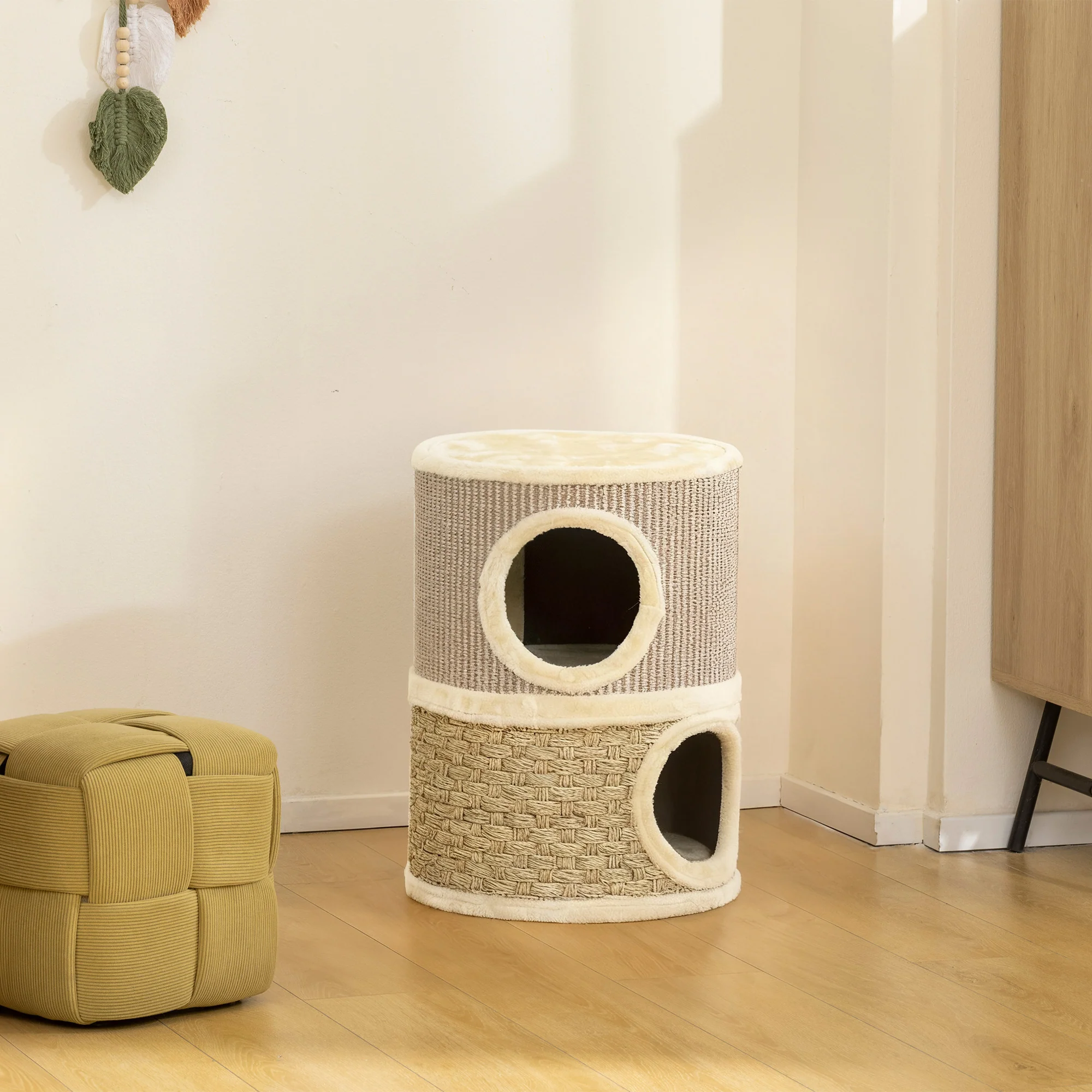 Pawhut Barril Rascador Para Gatos De 2 Niveles 49 Cm Con Cama Caqui Y Café - Image 2