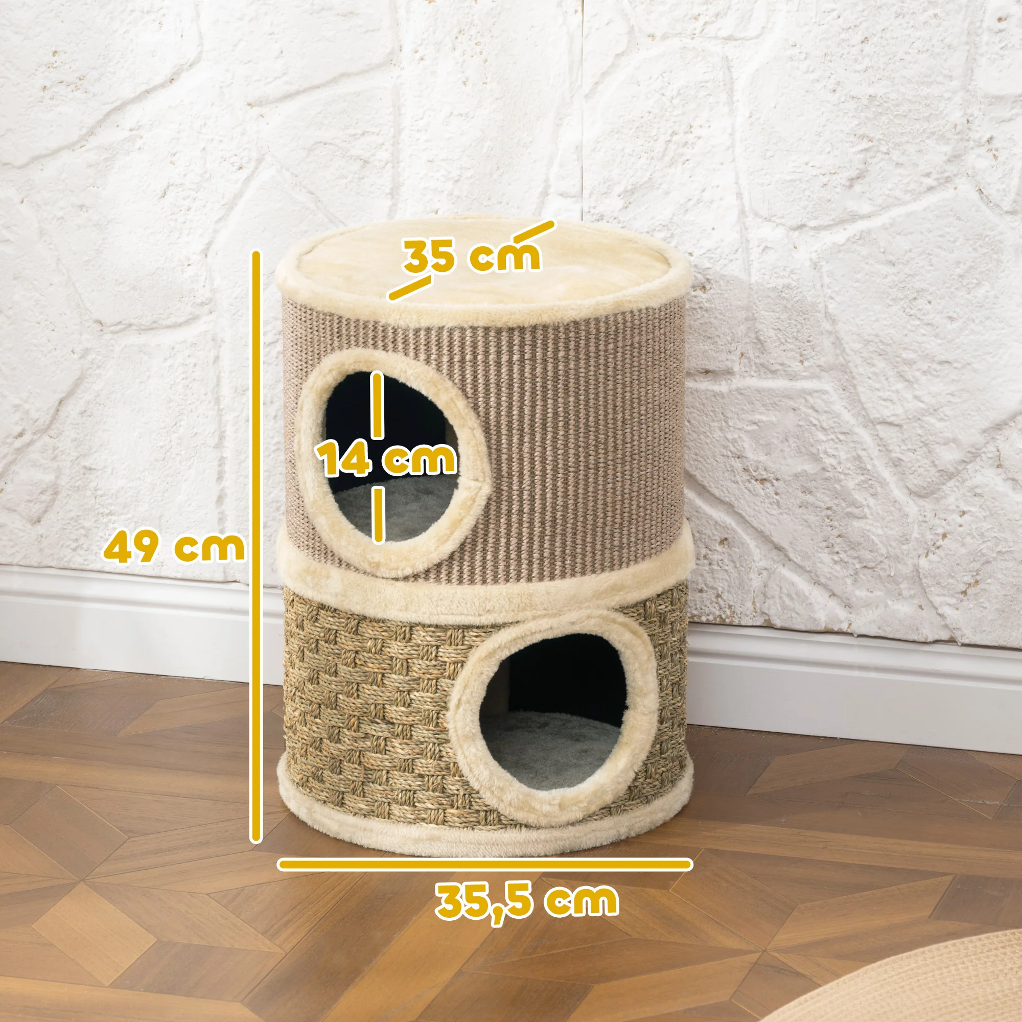 Pawhut Barril Rascador Para Gatos De 2 Niveles 49 Cm Con Cama Caqui Y Café - Image 3