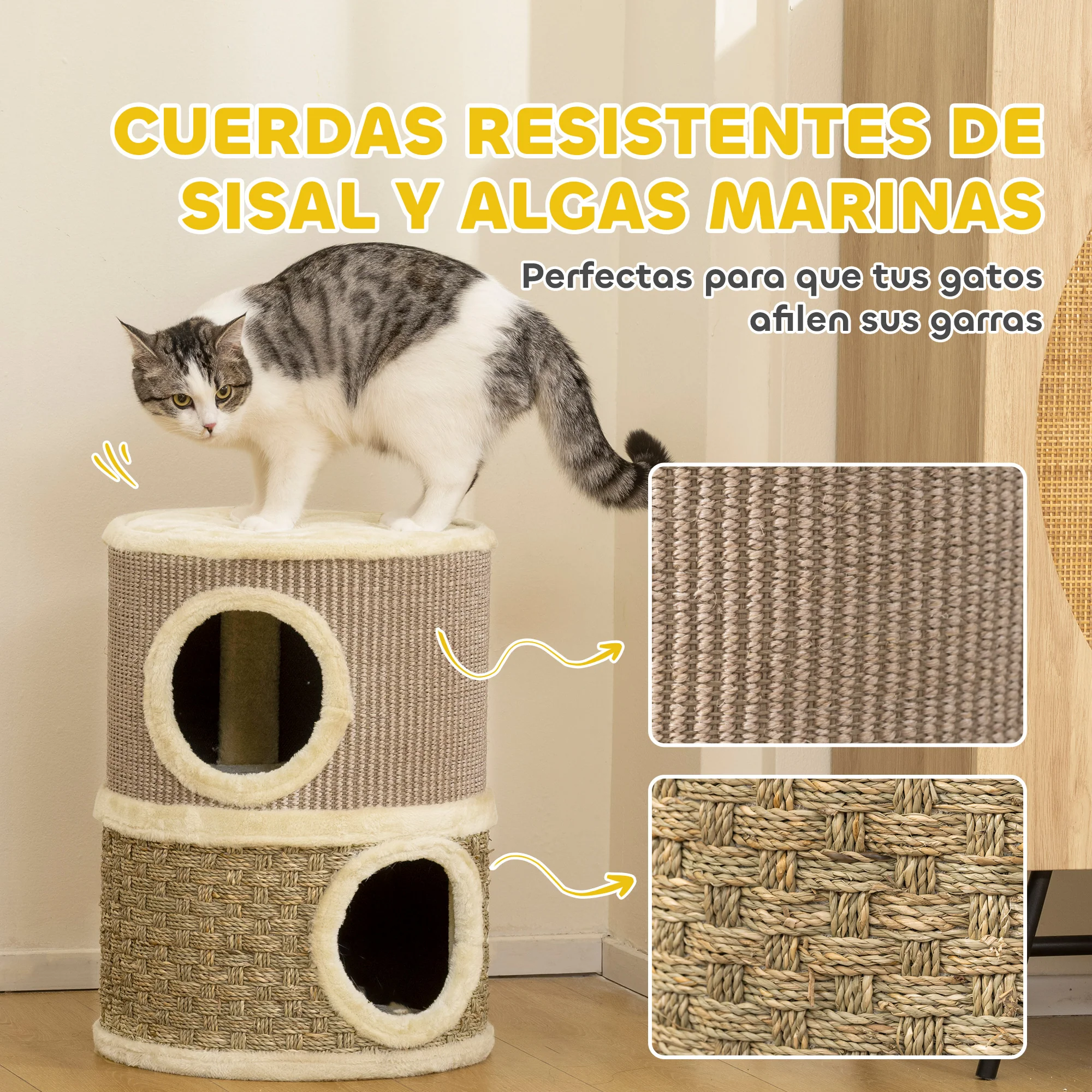 Pawhut Barril Rascador Para Gatos De 2 Niveles 49 Cm Con Cama Caqui Y Café - Image 6