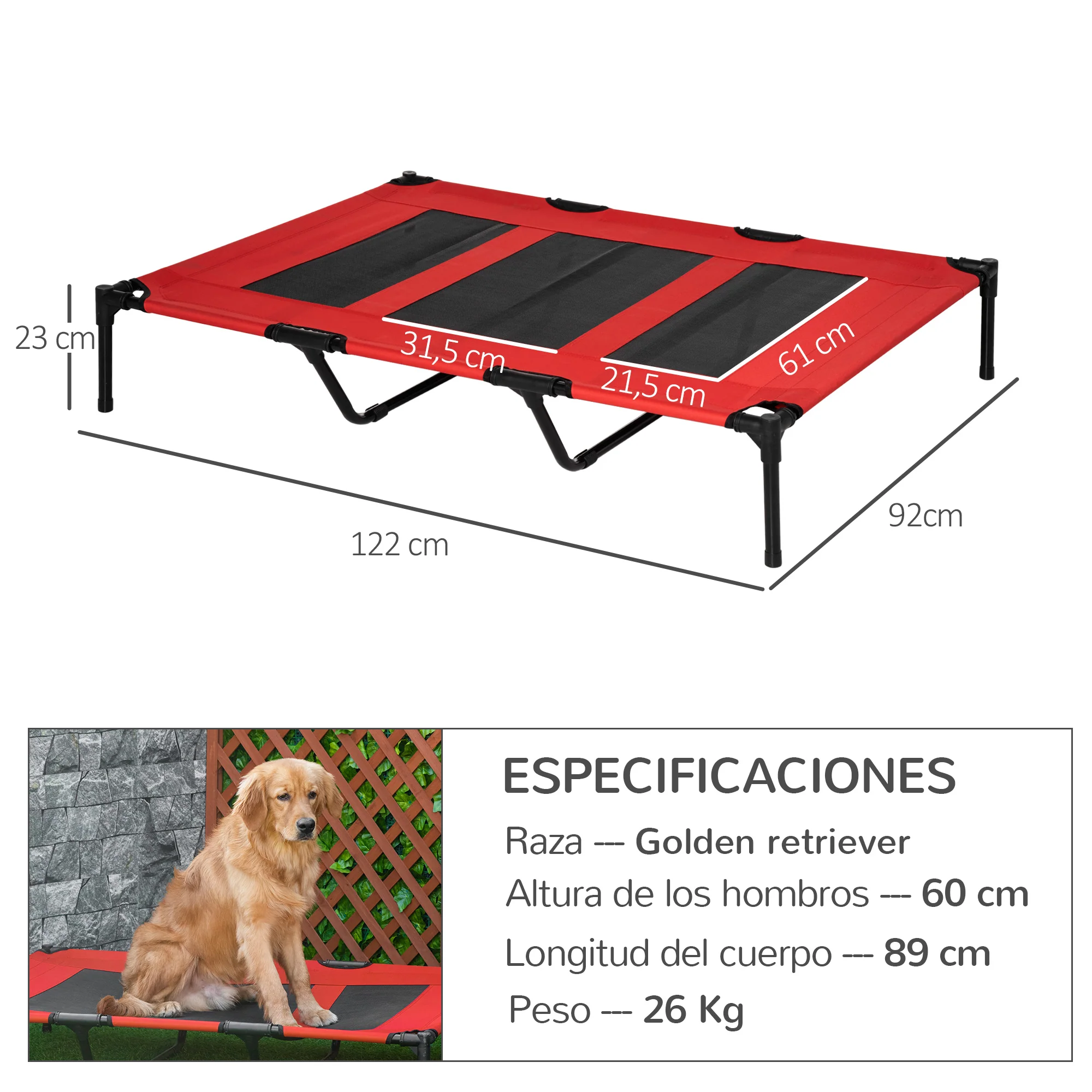 Pawhut Cama Elevada Perros Transpirable Interiores Exteriores 122x92x23 Cm Rojo - Image 3