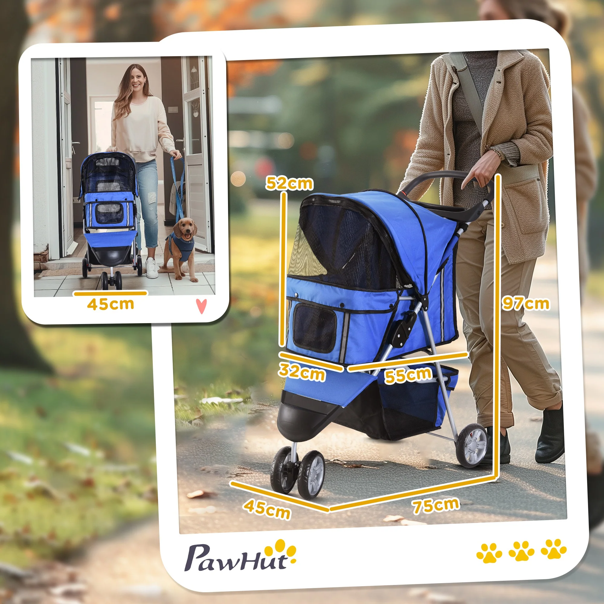 Pawhut Carrito Para Perros Plegable Con Cesta De Almacenaje 75x45x97 Cm Azul - Image 3
