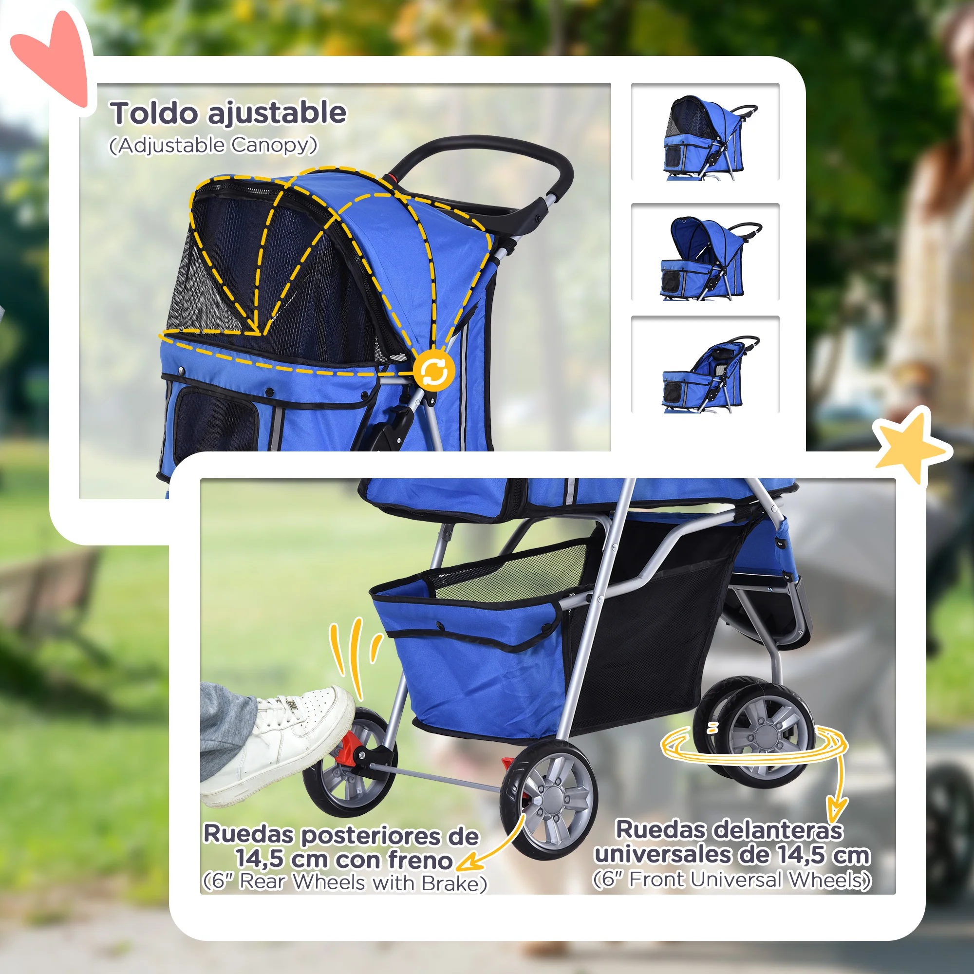 Pawhut Carrito Para Perros Plegable Con Cesta De Almacenaje 75x45x97 Cm Azul - Image 6