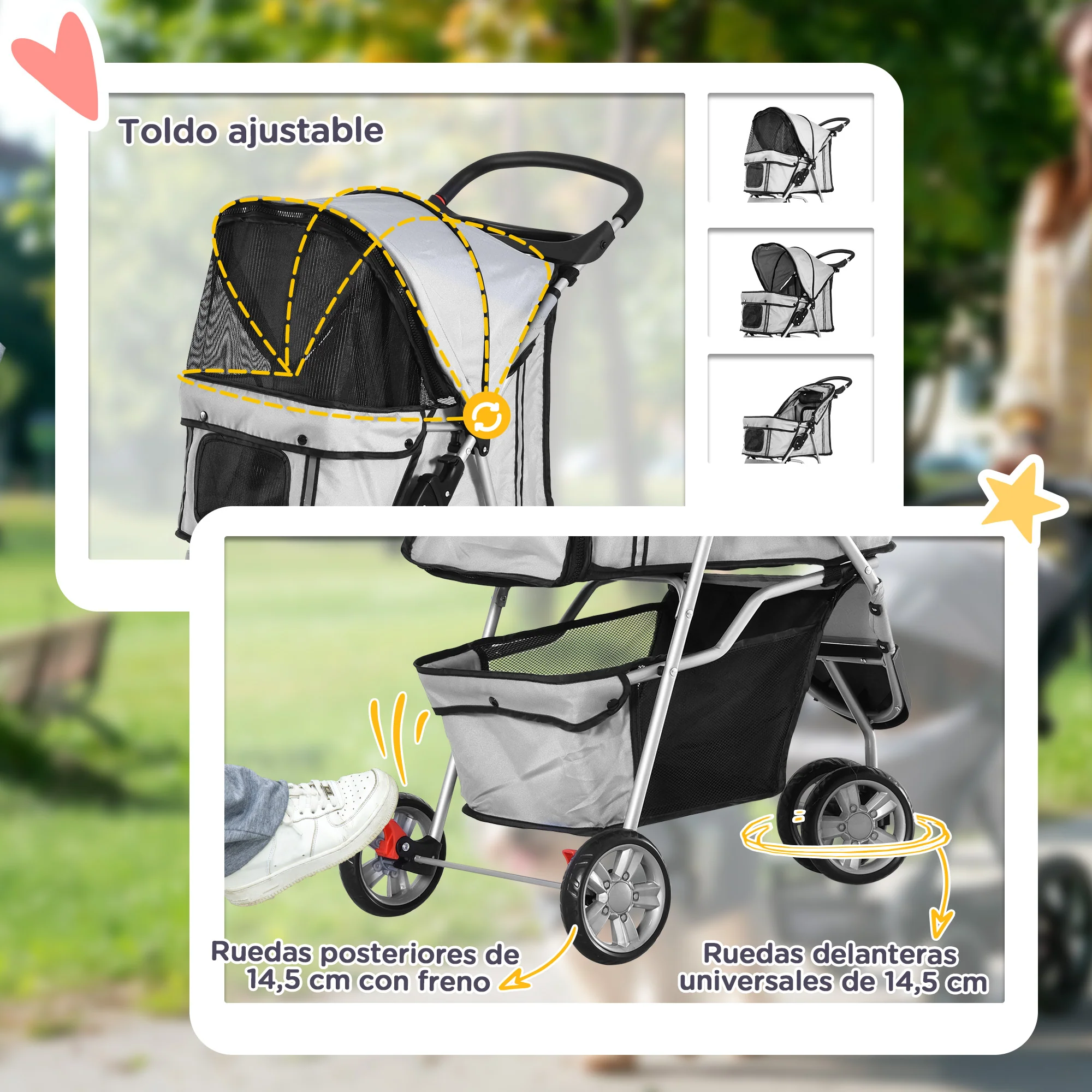 Pawhut Carrito Para Perros Plegable Con Cesta De Almacenaje 75x45x97 Cm Gris - Image 6