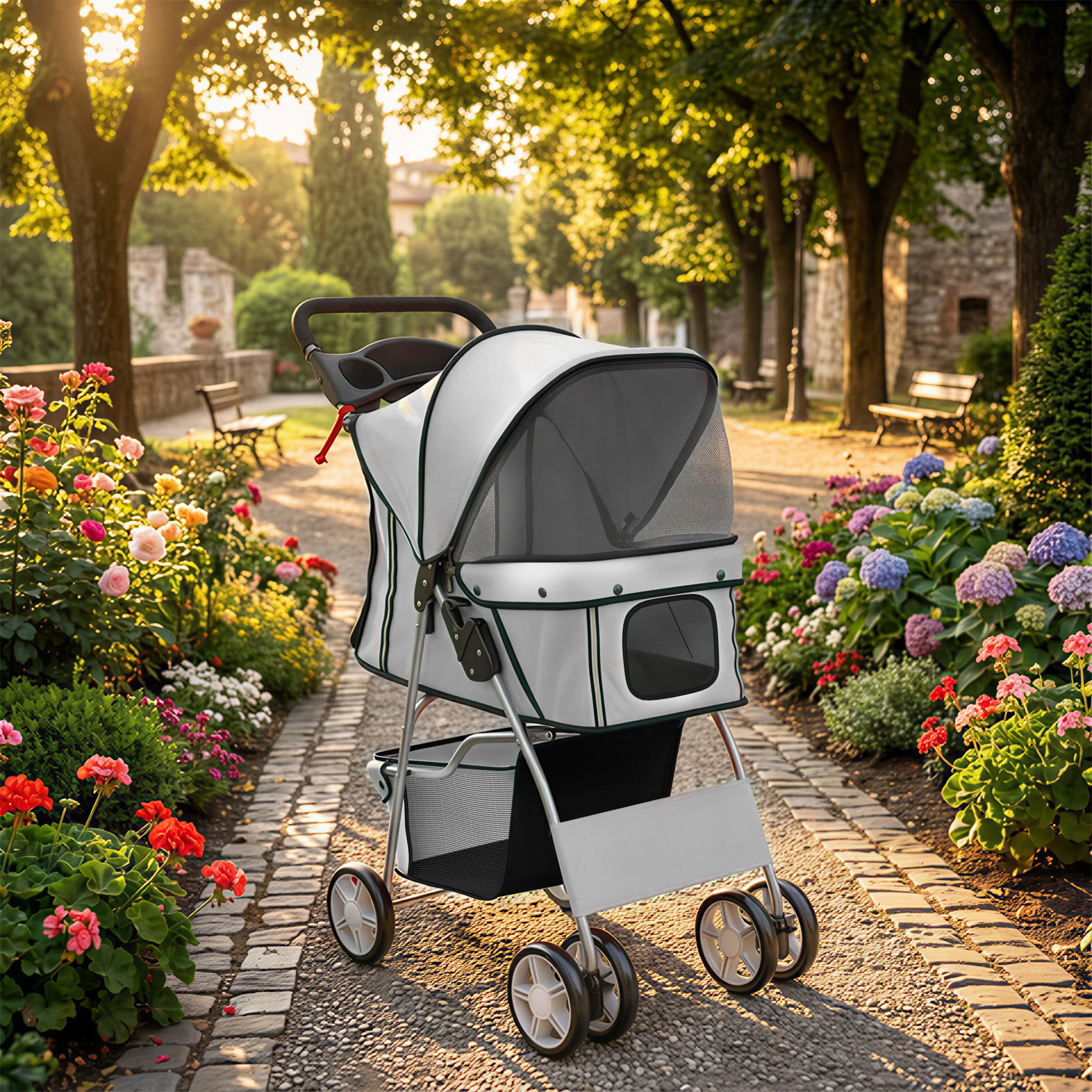 Pawhut Carrito Para Perros Plegable Con Cesta De Almacenaje 77x44x102 Cm Gris - Image 2