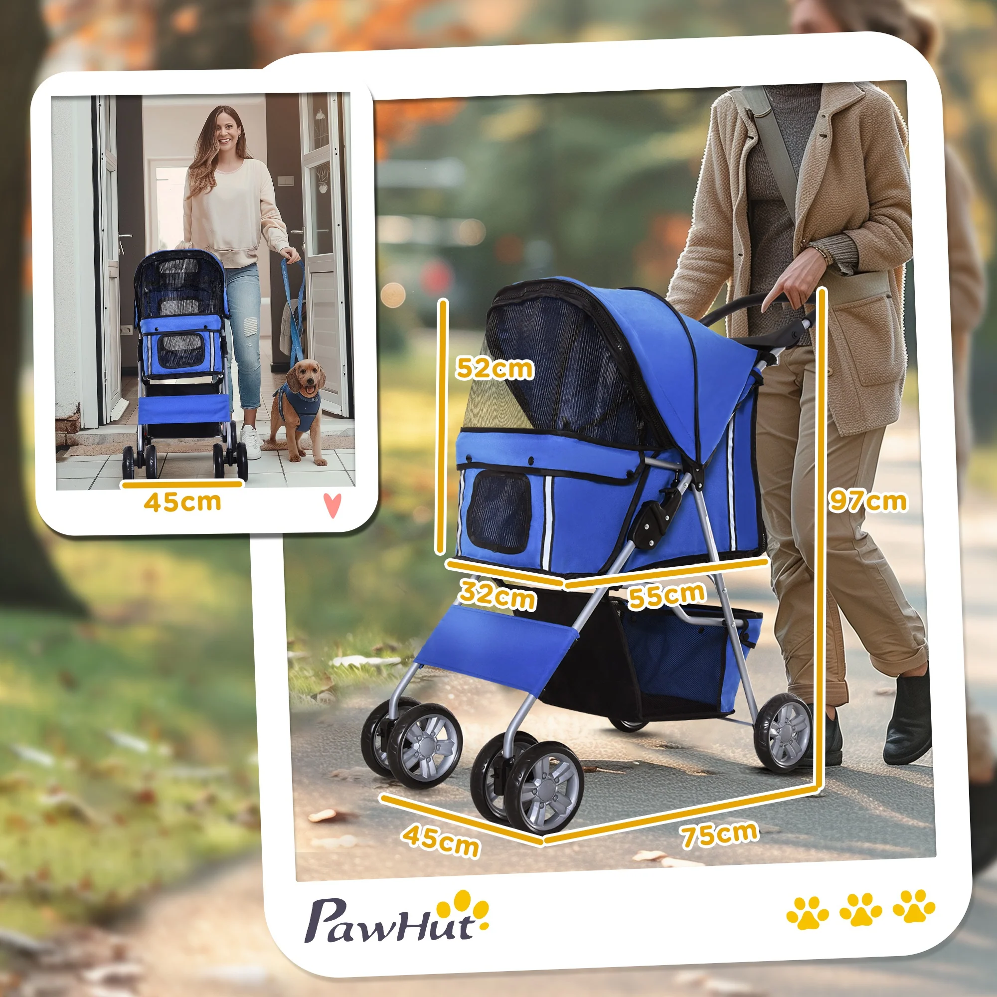 Pawhut Carrito Para Perros Plegable Con Toldo Ajustable 75x45x97 Cm Azul - Image 3