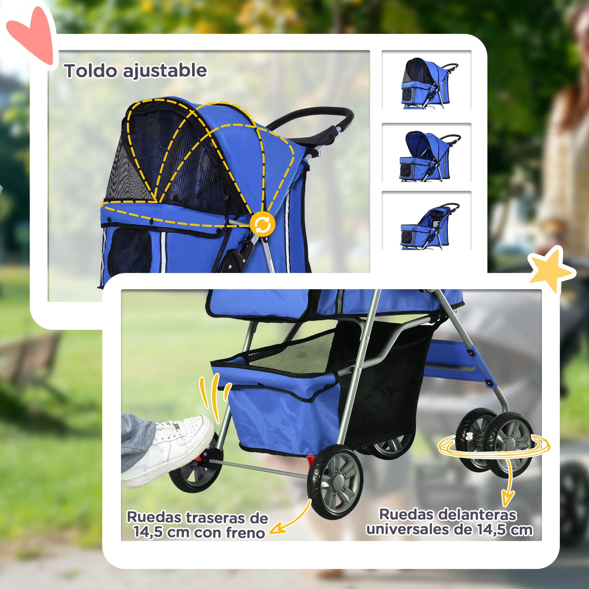Pawhut Carrito Para Perros Plegable Con Toldo Ajustable 75x45x97 Cm Azul - Image 6