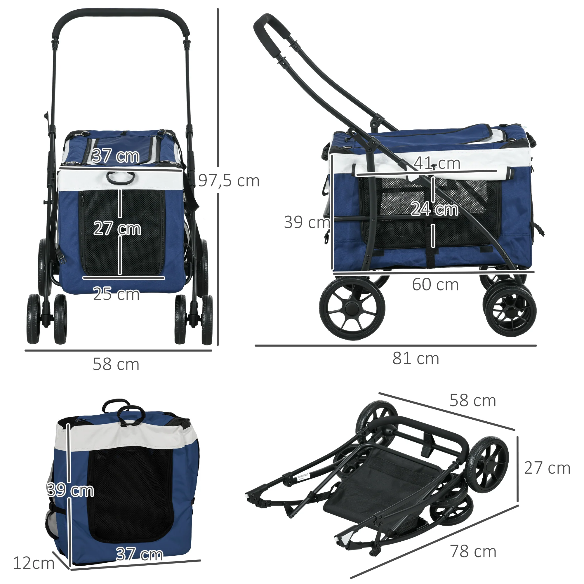 Pawhut Carrito Para Perros Plegable Con Vagón Desmontable Y Cojín Azul - Image 3