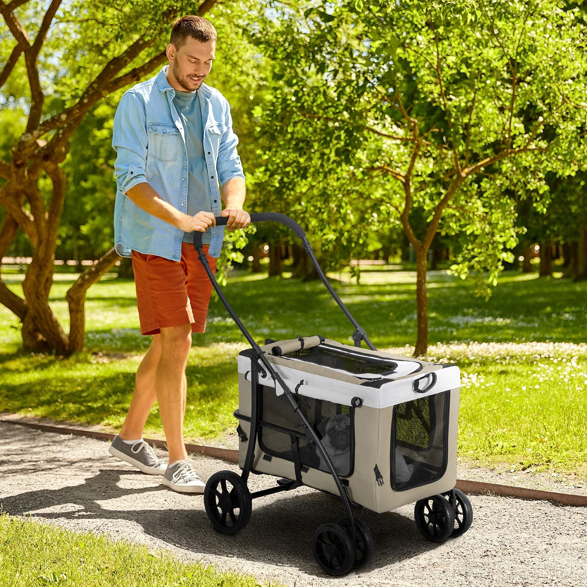 Pawhut Carrito Para Perros Plegable Con Vagón Desmontable Y Cojín Caqui - Image 2