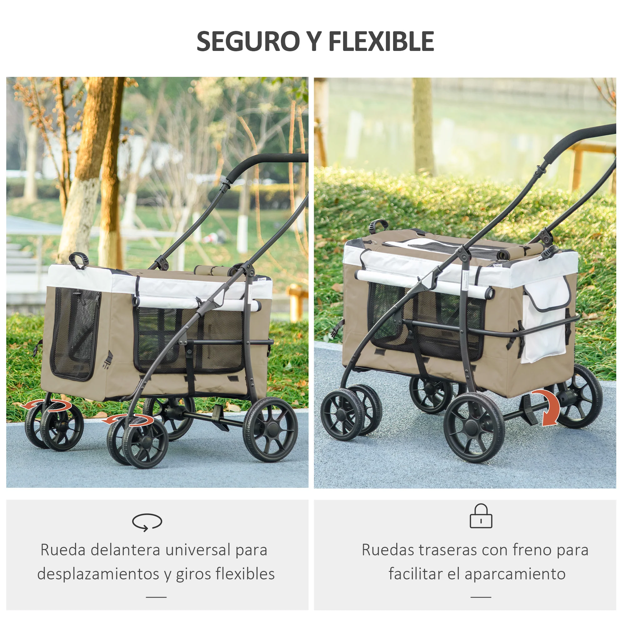 Pawhut Carrito Para Perros Plegable Con Vagón Desmontable Y Cojín Caqui - Image 6