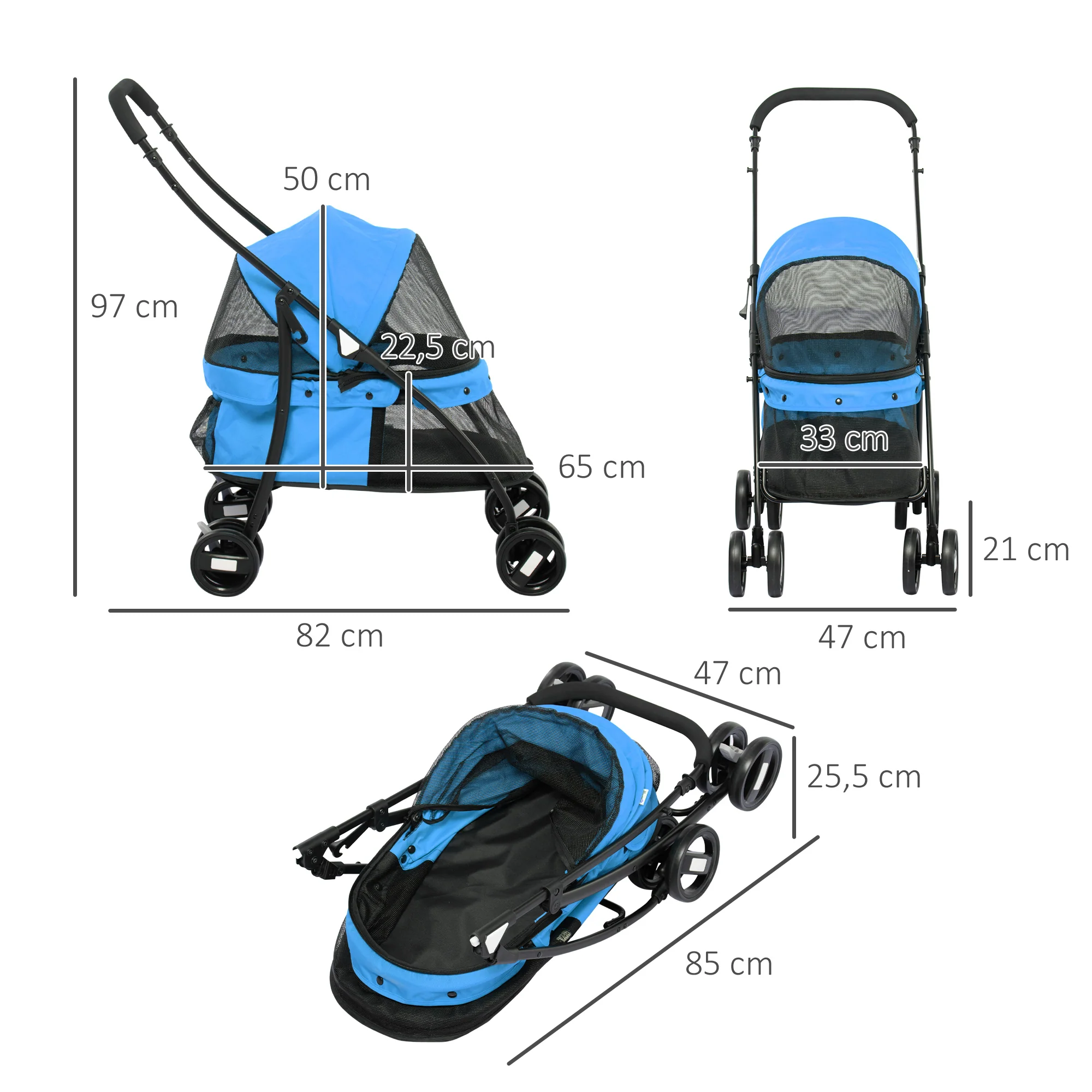 Pawhut Carrito Para Perros Plegable Con Ventanas De Malla Cojín Lavable Azul - Image 3