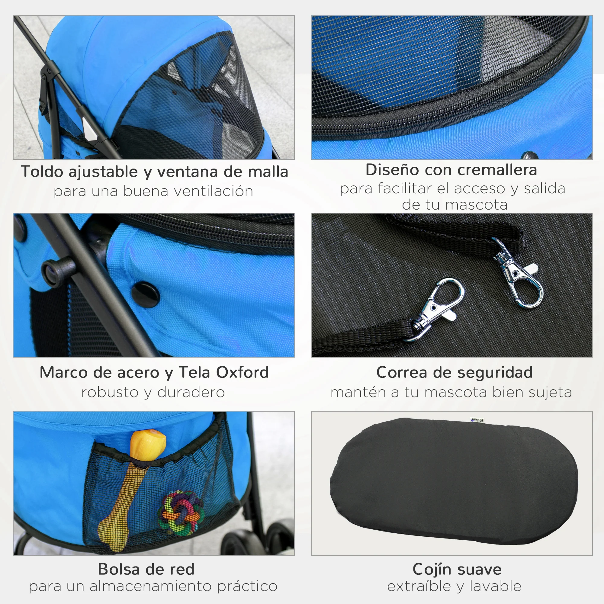 Pawhut Carrito Para Perros Plegable Con Ventanas De Malla Cojín Lavable Azul - Image 6