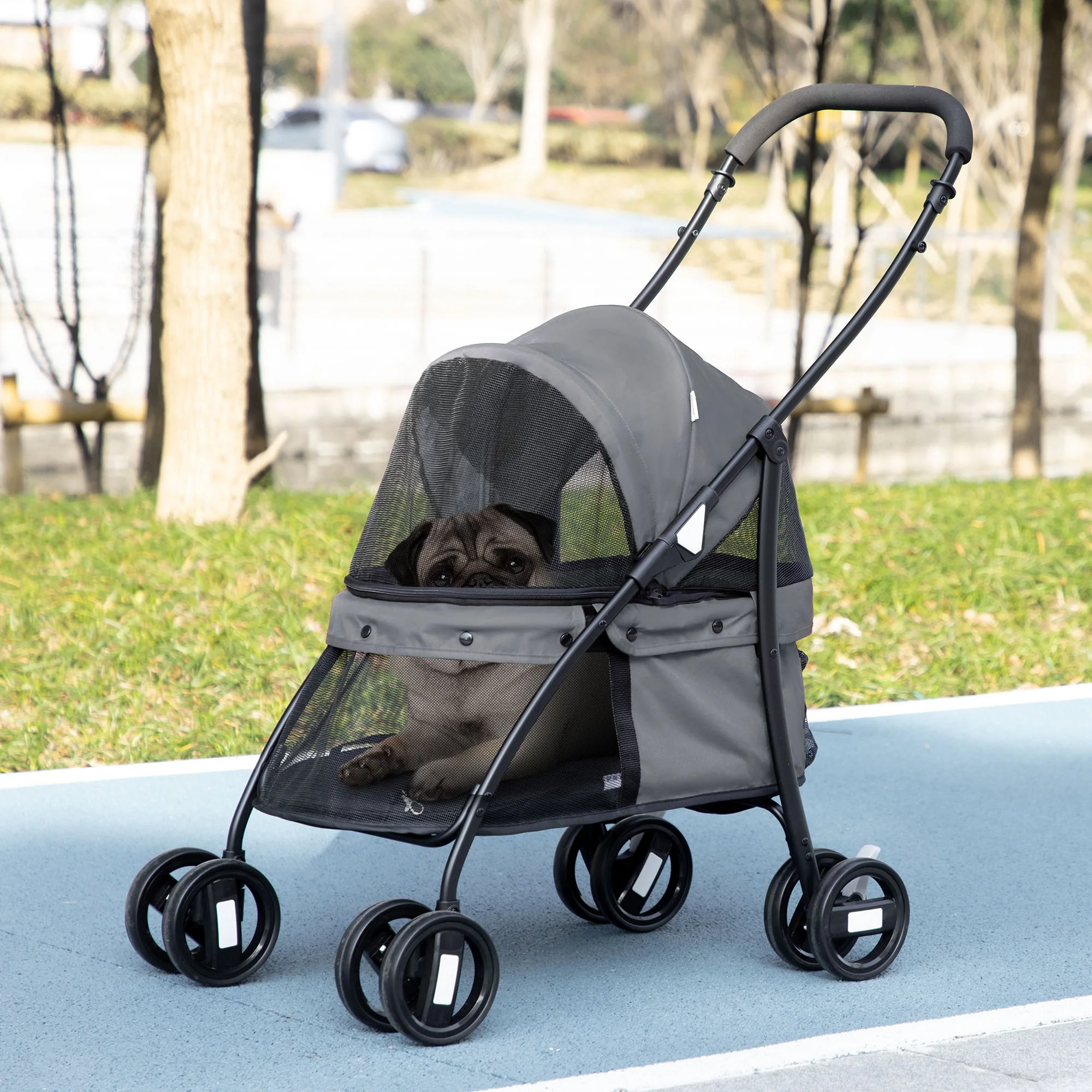Pawhut Carrito Para Perros Plegable Con Ventanas De Malla Cojín Lavable Gris - Image 2
