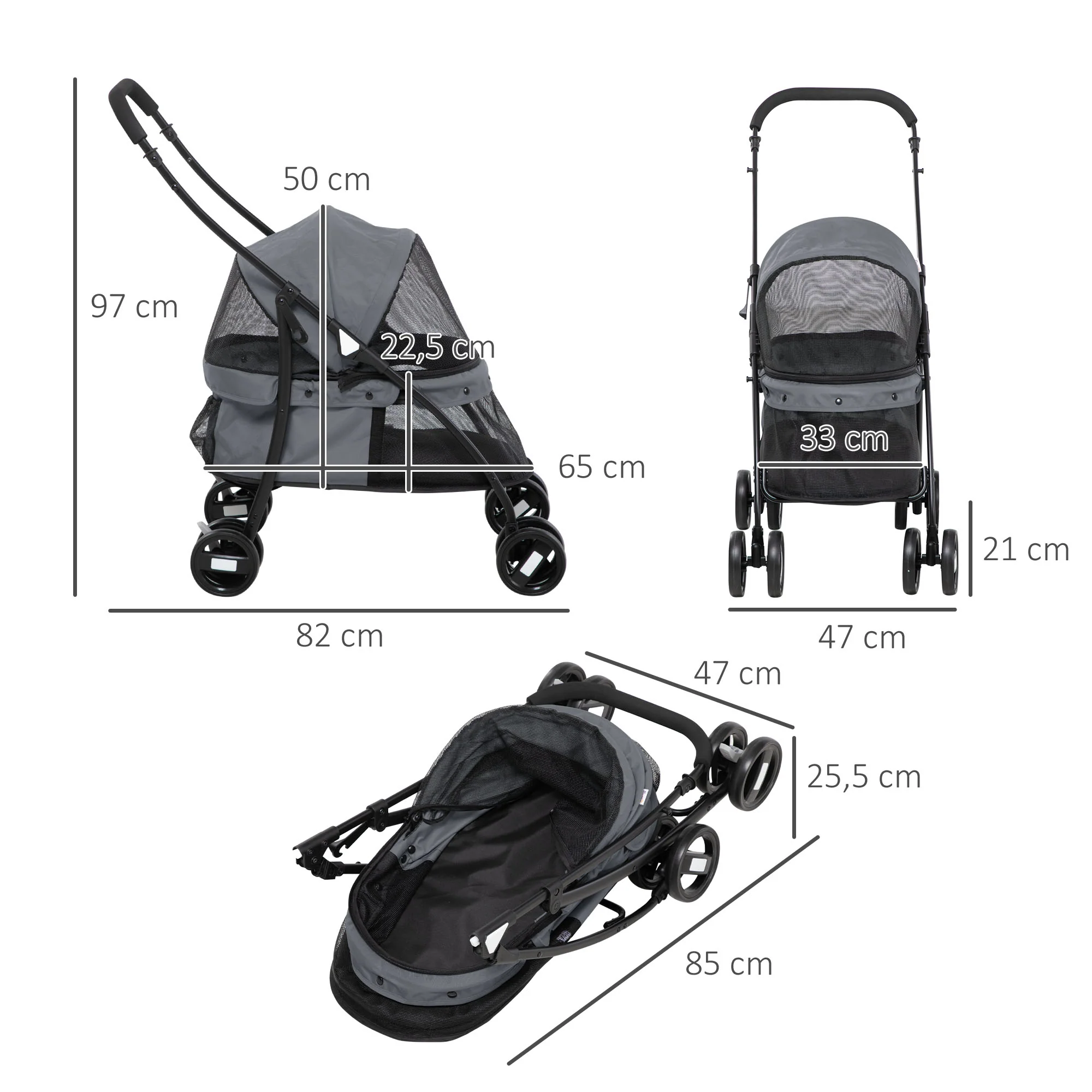 Pawhut Carrito Para Perros Plegable Con Ventanas De Malla Cojín Lavable Gris - Image 3