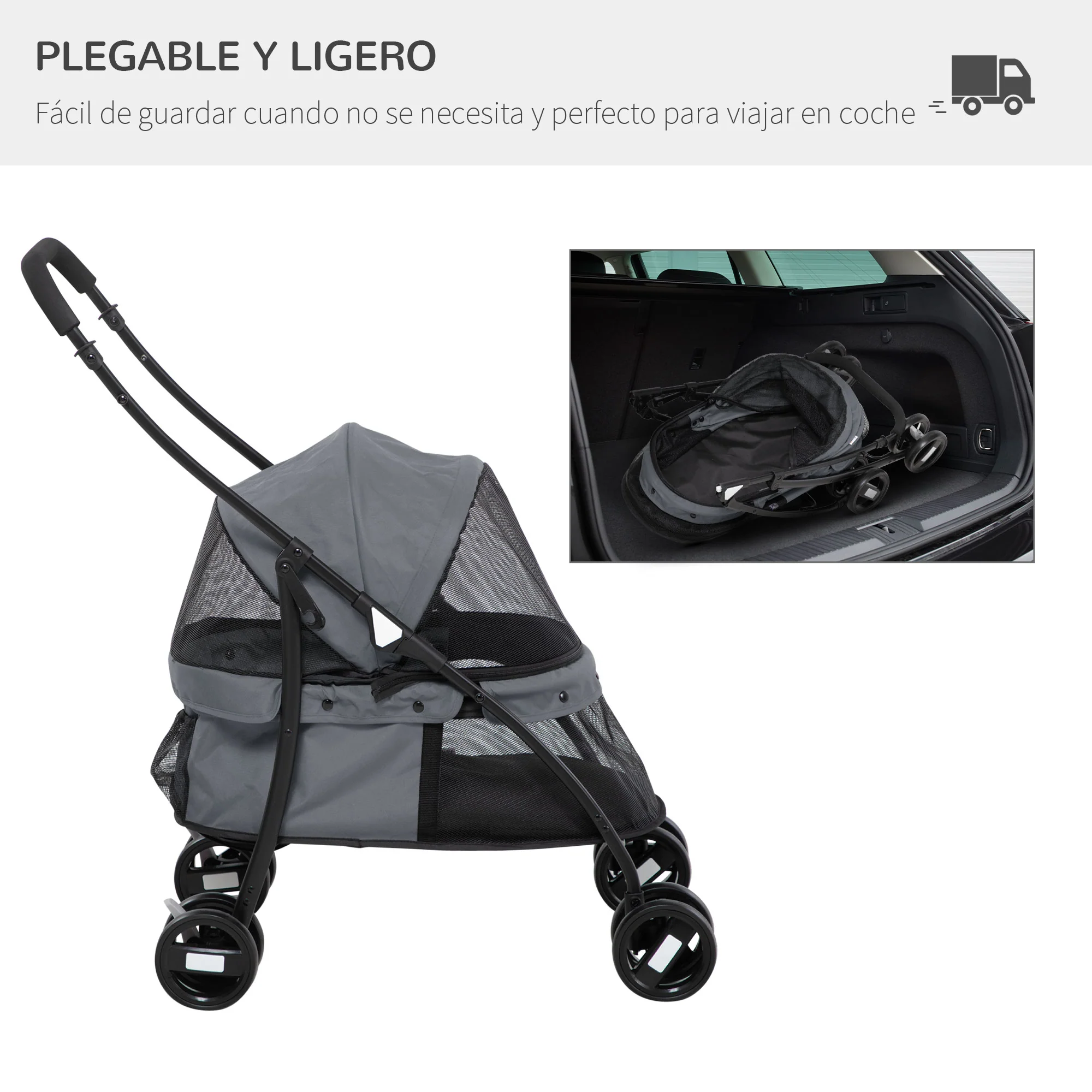 Pawhut Carrito Para Perros Plegable Con Ventanas De Malla Cojín Lavable Gris - Image 6