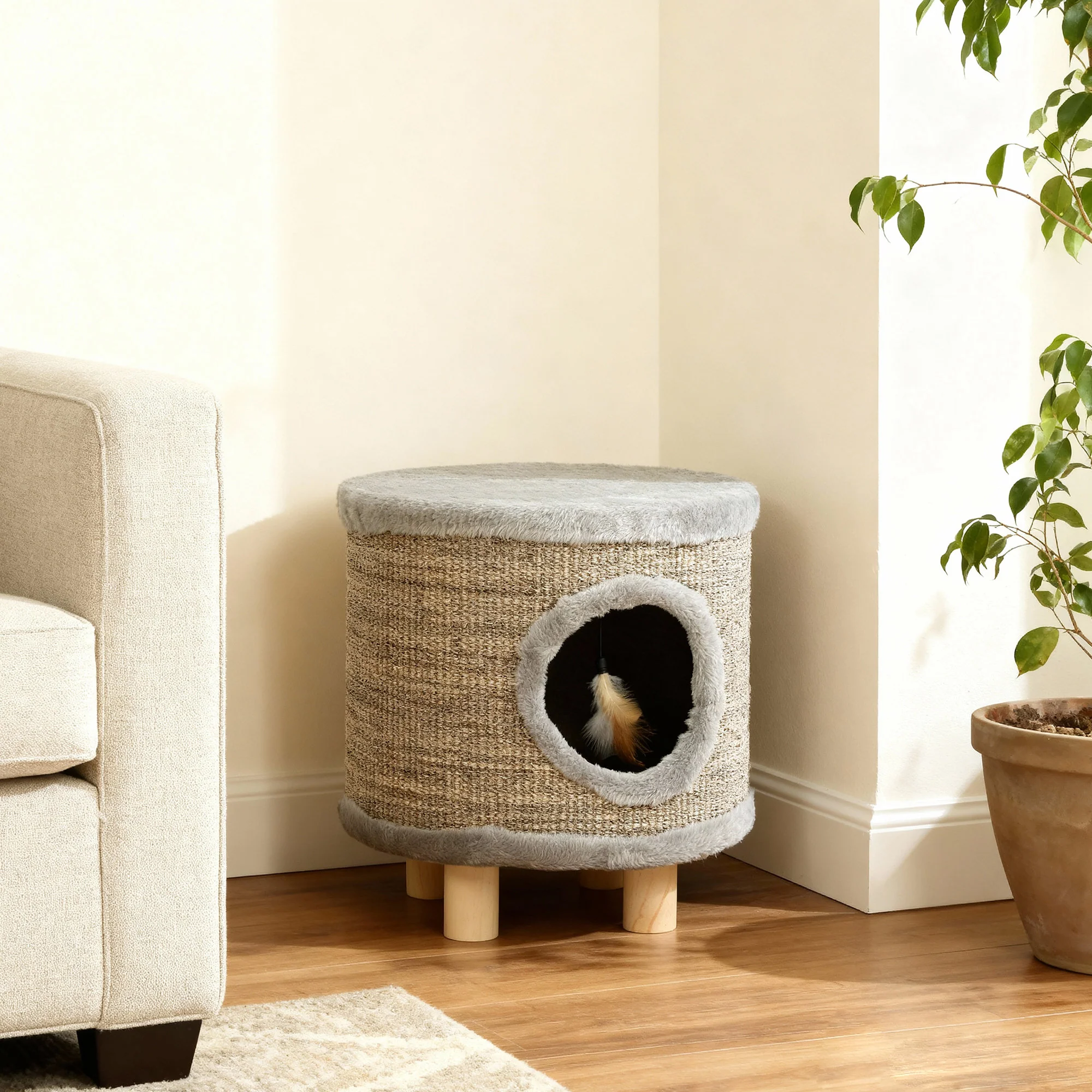 Pawhut Casa Para Gatos 3 En 1 Taburete Reposapiés 36x36x38 Cm Gris - Image 2