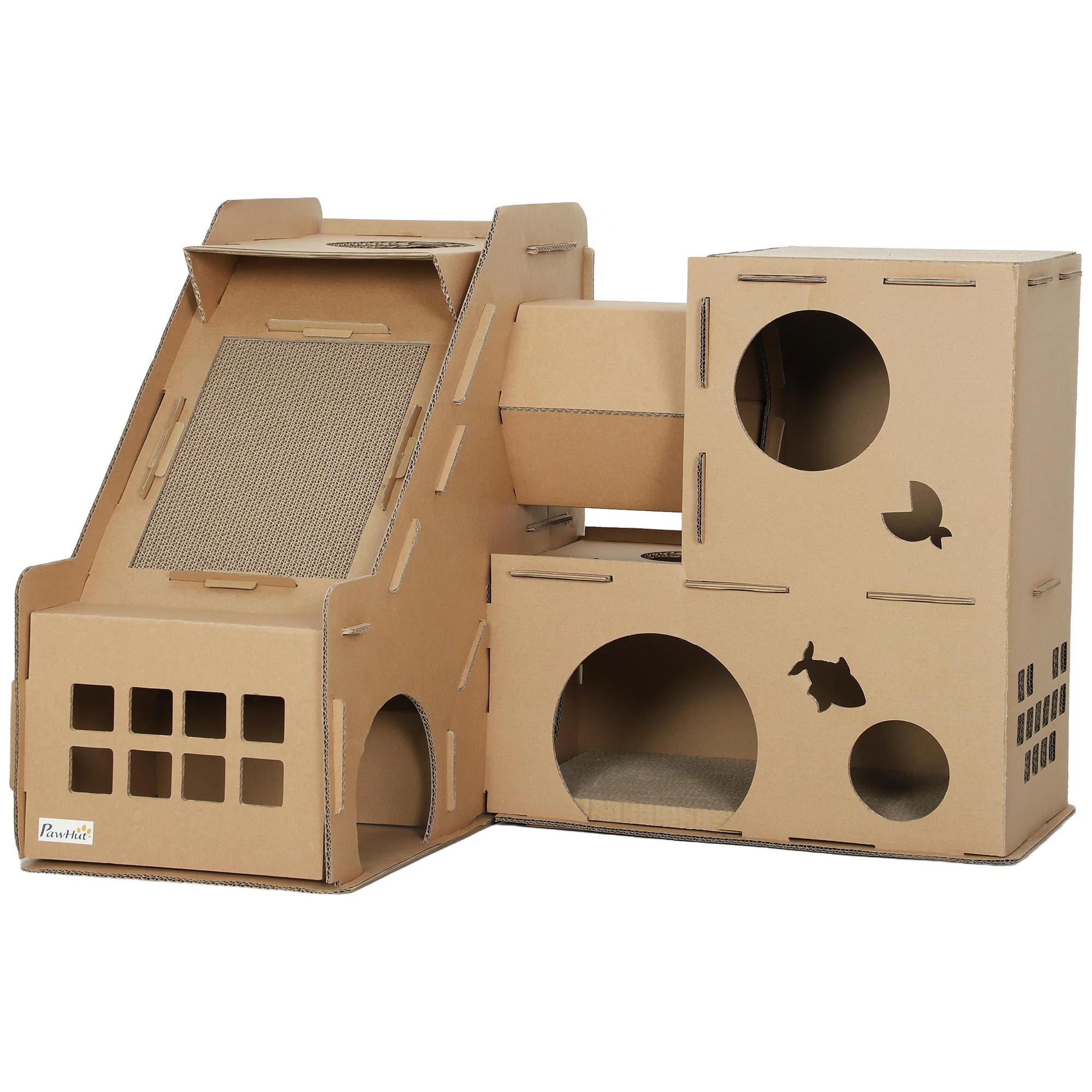 Pawhut Casa Para Gatos De Cartón Forma Castillo 2 Niveles Con 3 Zonas De Rascado