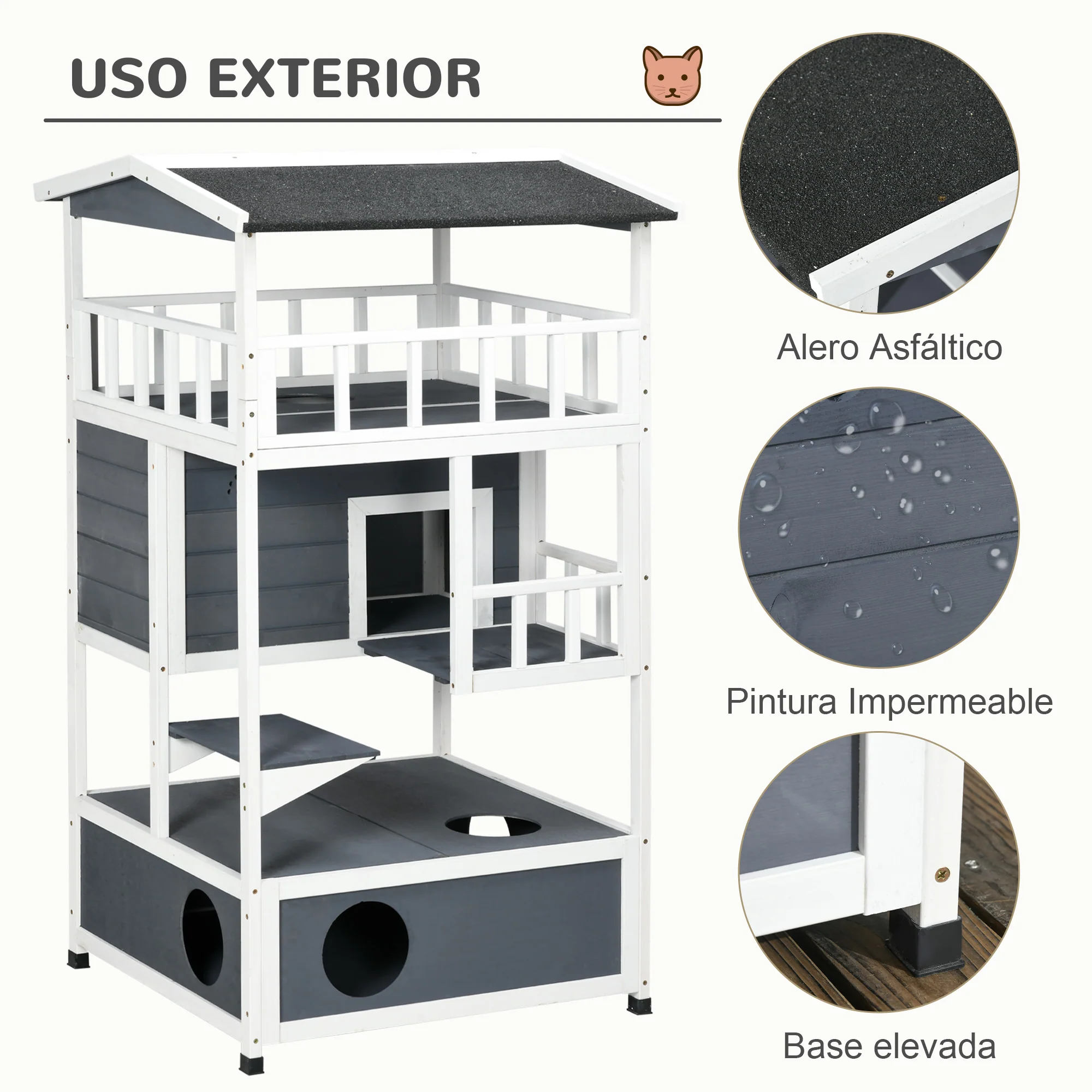 Pawhut Casa Para Gatos De Madera 75,5x75x137 Cm Con Techo Asfáltico Gris - Image 6
