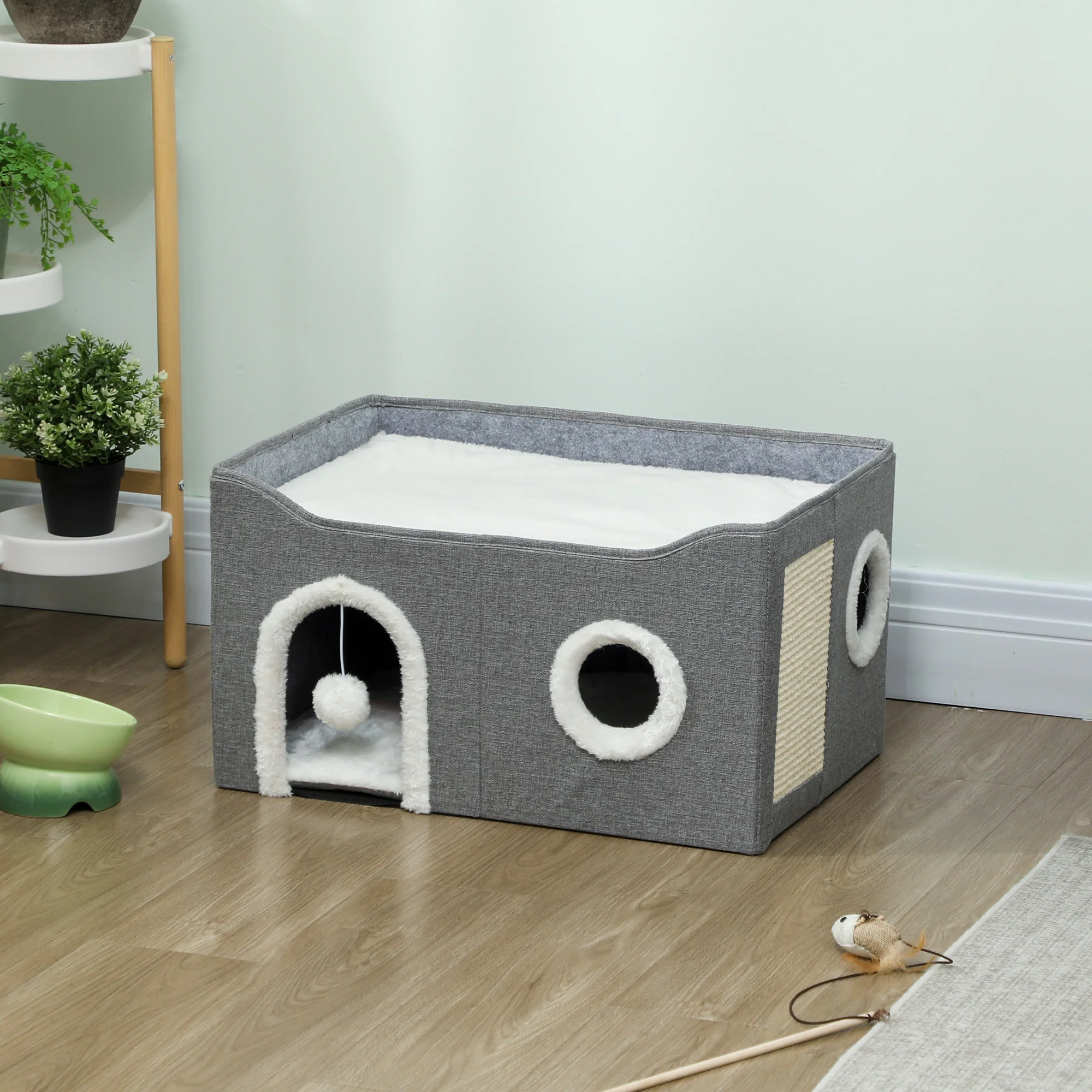 Pawhut Casa Para Gatos Plegable Con Rascador 3 Entradas 60x40x34 Cm Gris - Image 2