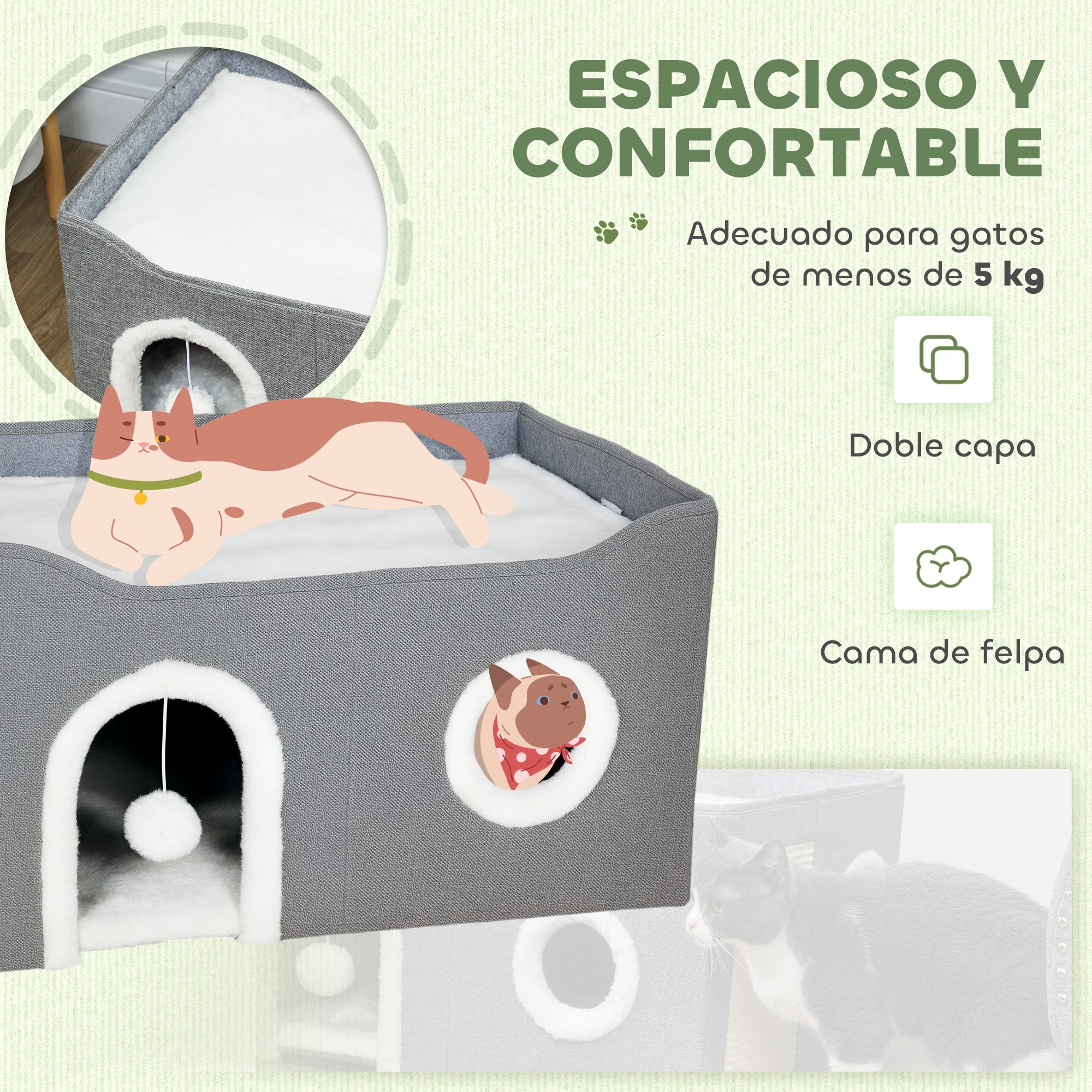 Pawhut Casa Para Gatos Plegable Con Rascador 3 Entradas 60x40x34 Cm Gris - Image 6
