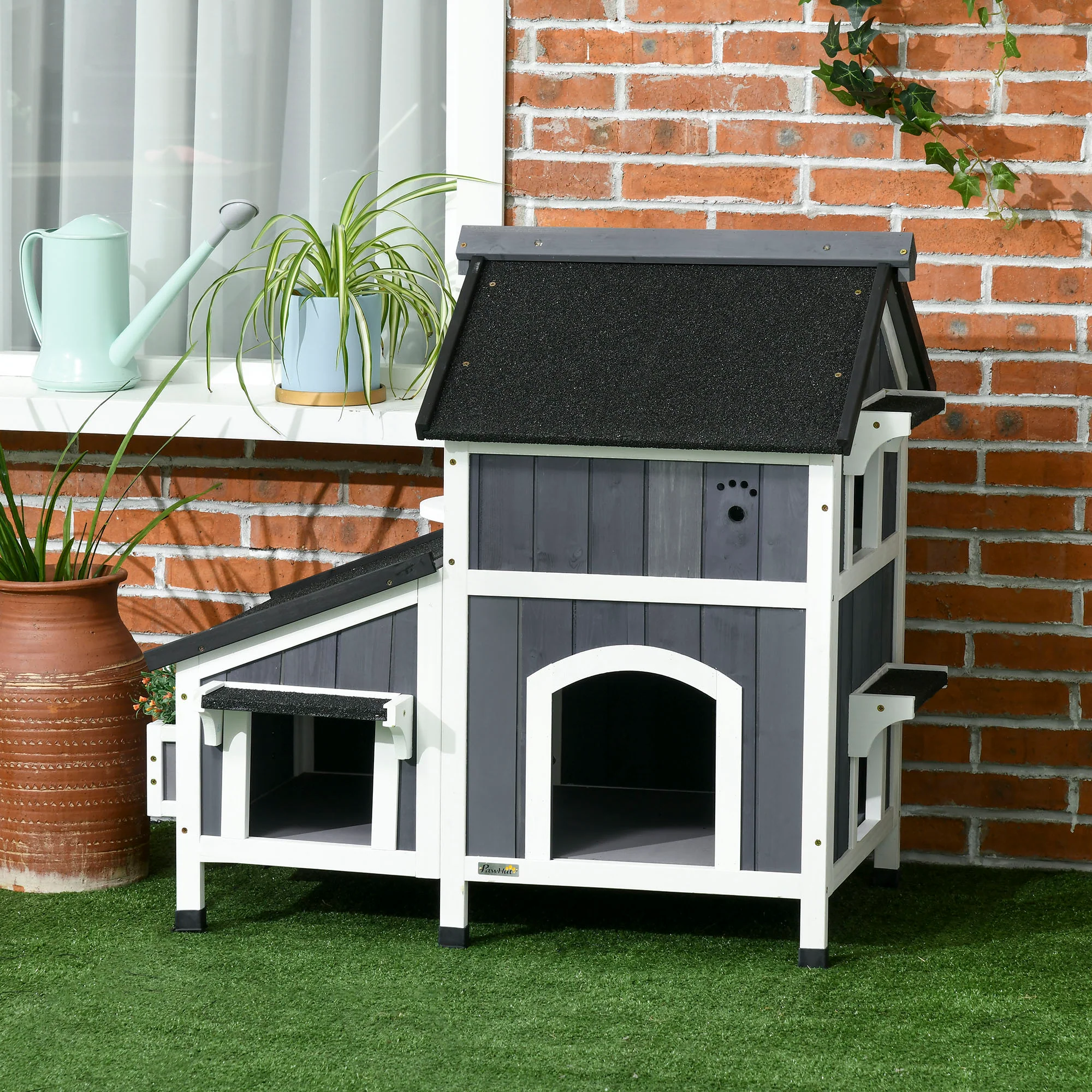 Pawhut Caseta Para Gatos De Madera De 2 Niveles Con Macetero 96x65x85,5 Cm Gris - Image 2