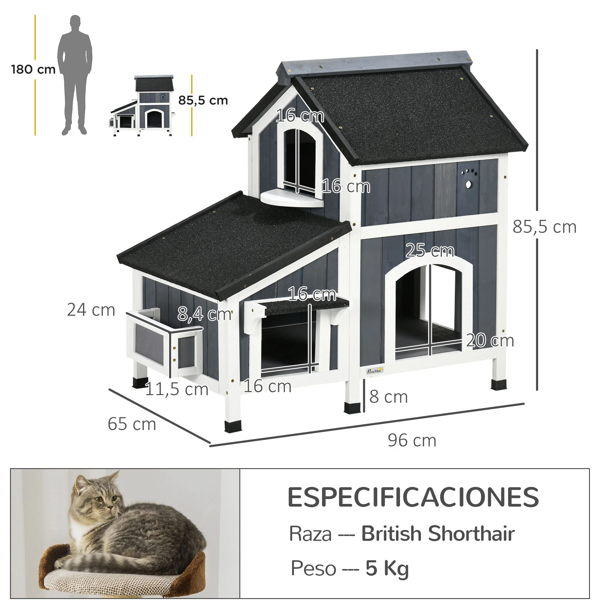 Pawhut Caseta Para Gatos De Madera De 2 Niveles Con Macetero 96x65x85,5 Cm Gris - Image 3